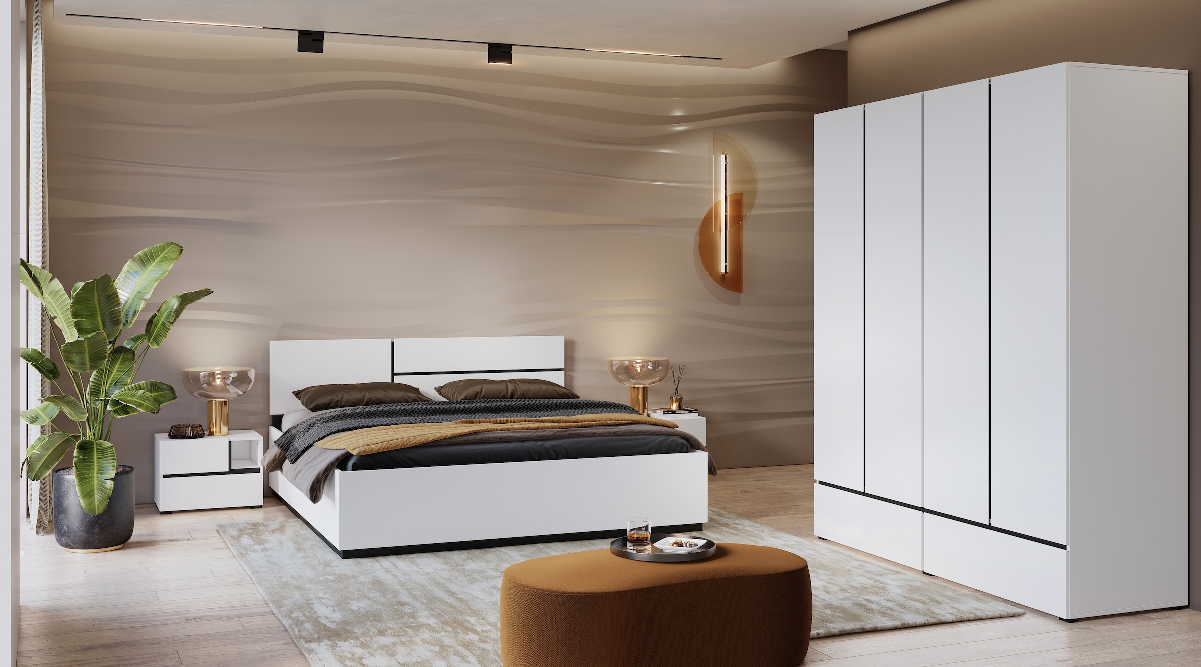 Home affaire Schlafzimmer-Set »Cross, moderne, grifflose Optik, FSC-zertifiziert«, (4 tlg., Bett 180x200cm, 2 Nachtkommoden, Schrank 2-oder 4-türig), Komplettschlafzimmer-Set