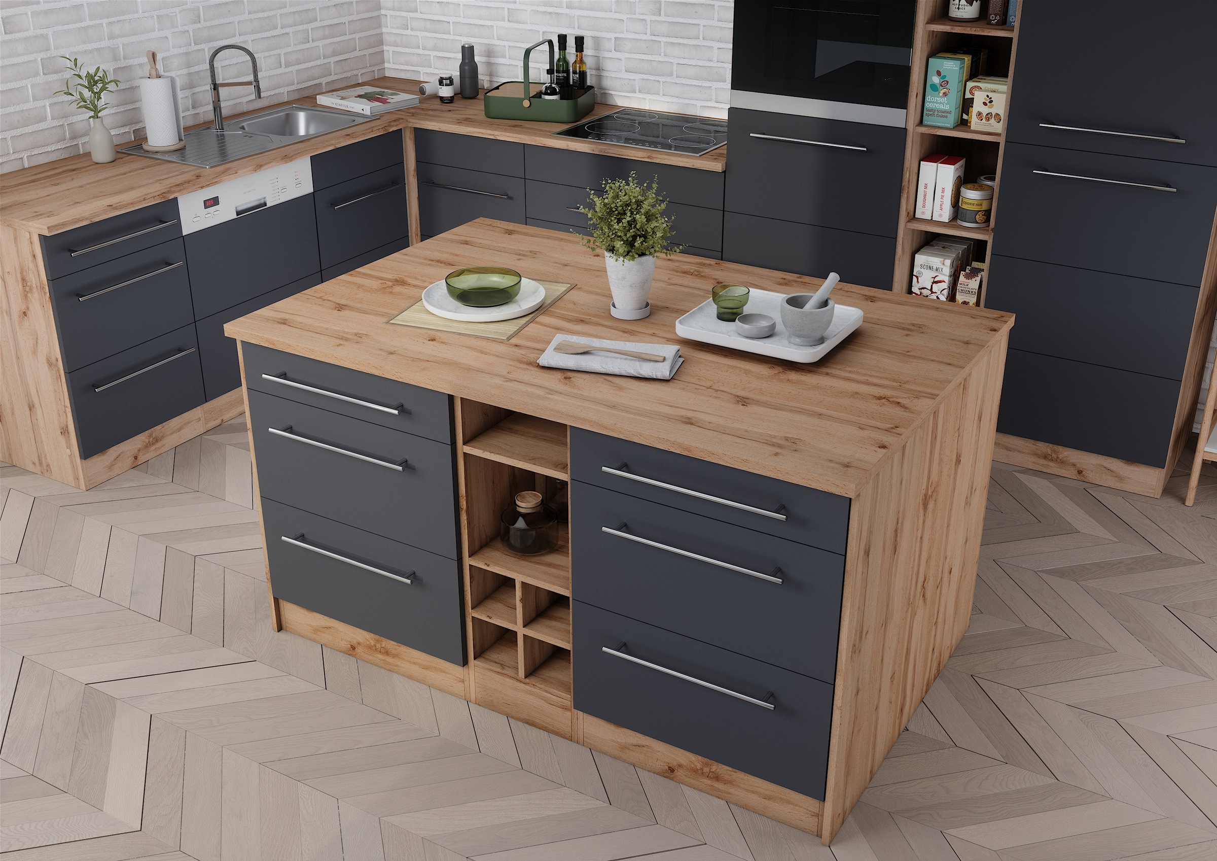 KOCHSTATION Kücheninsel »KS-Wien« Breite 153 cm, MDF-Fronten, Flaschenregal