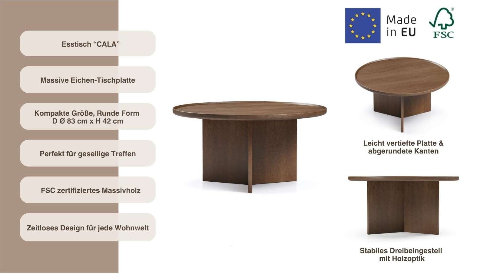 Woodman Couchtisch »Cala« 83/83/42 cm,  Breite 83 cm, rund, Tischplatte aus massiver Eiche, FSC® zertifiziert