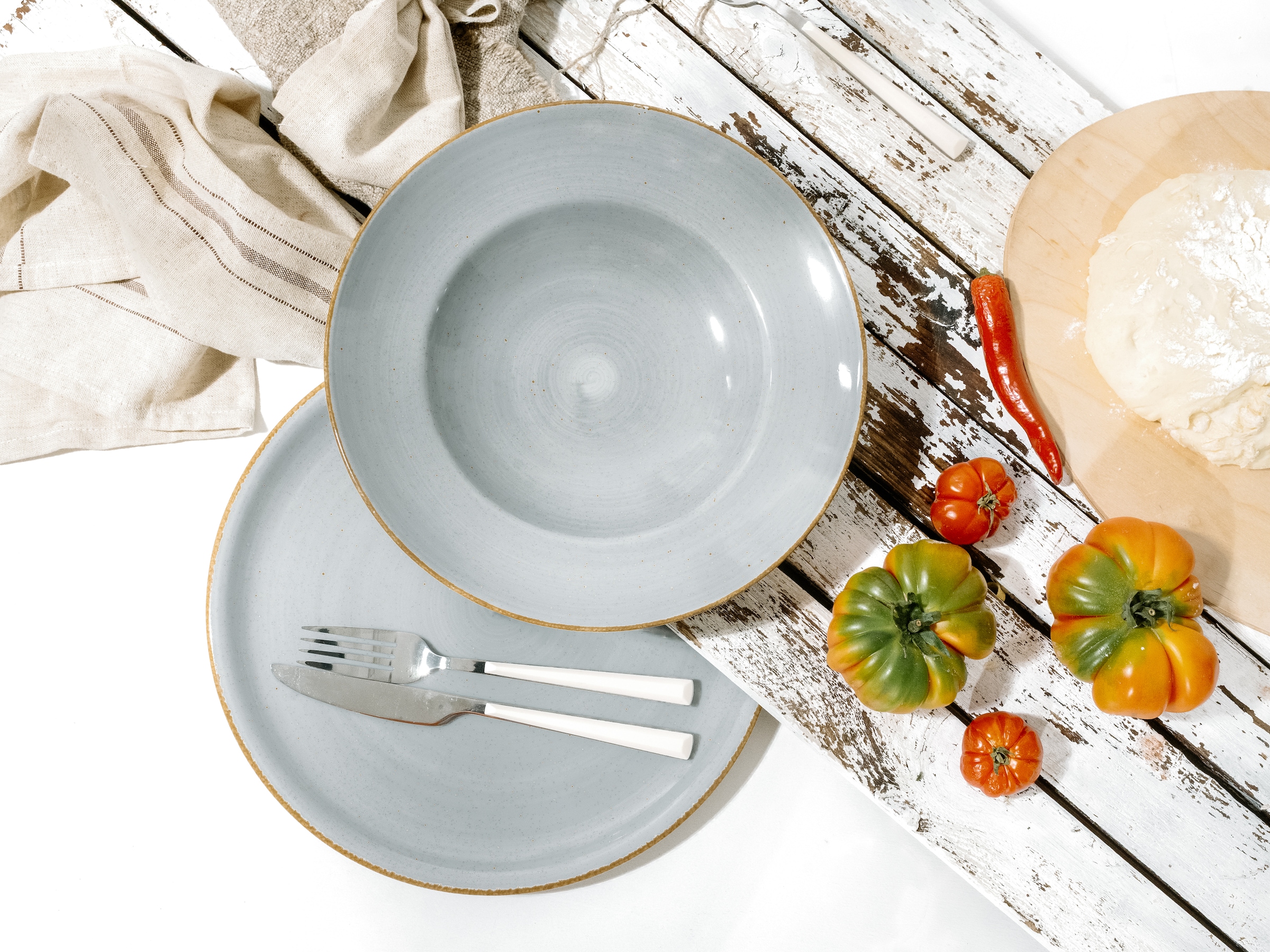 CreaTable Pizzateller »Vintage Nature, Pizzateller 33 cm 4-tlg« Teller Set, Handgemalt, Gesprenkelt, Rustikales Außenband