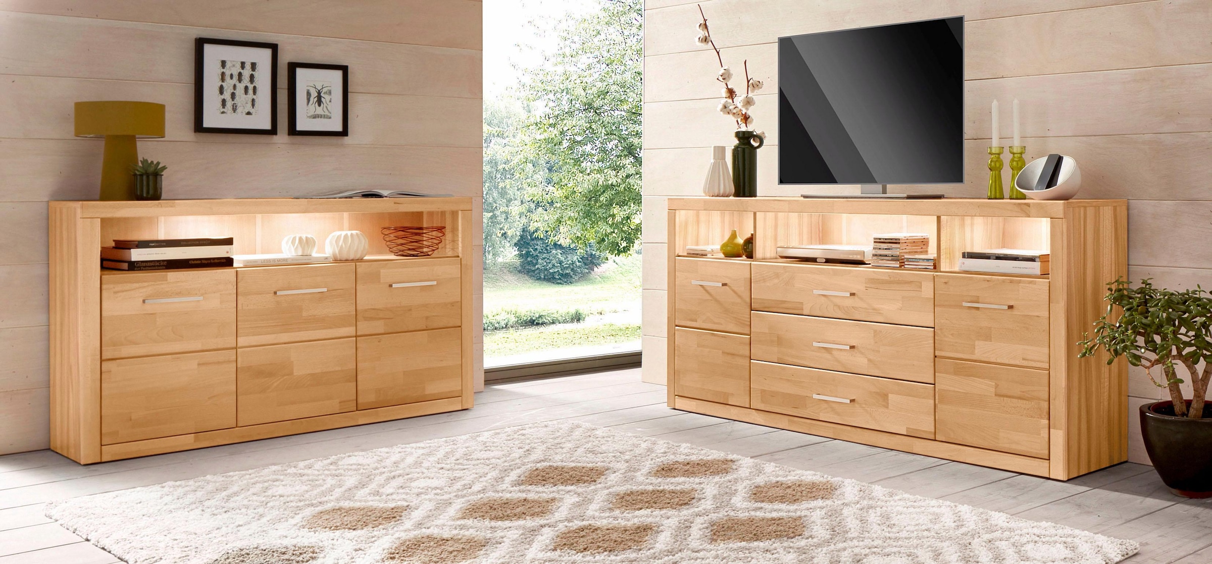 Home affaire Sideboard »Ribe,180cm breit, Fronten Massivholz,7 Fächer«, Holz massiv, Holzwerkstoff, Metall Griffe,2Türen,3Schubladen