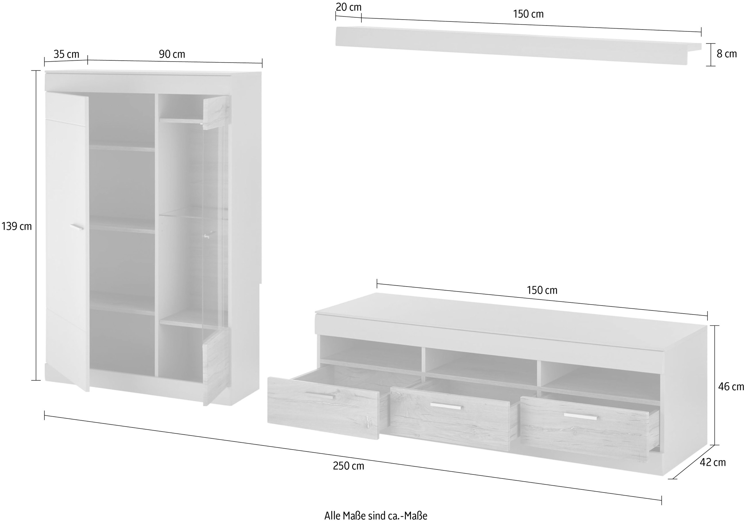 INOSIGN Wohnwand »SCARA«, (3 St.), trendige Farbe mit Applikation Zinneiche Dekor, mit Softclose-Funktion