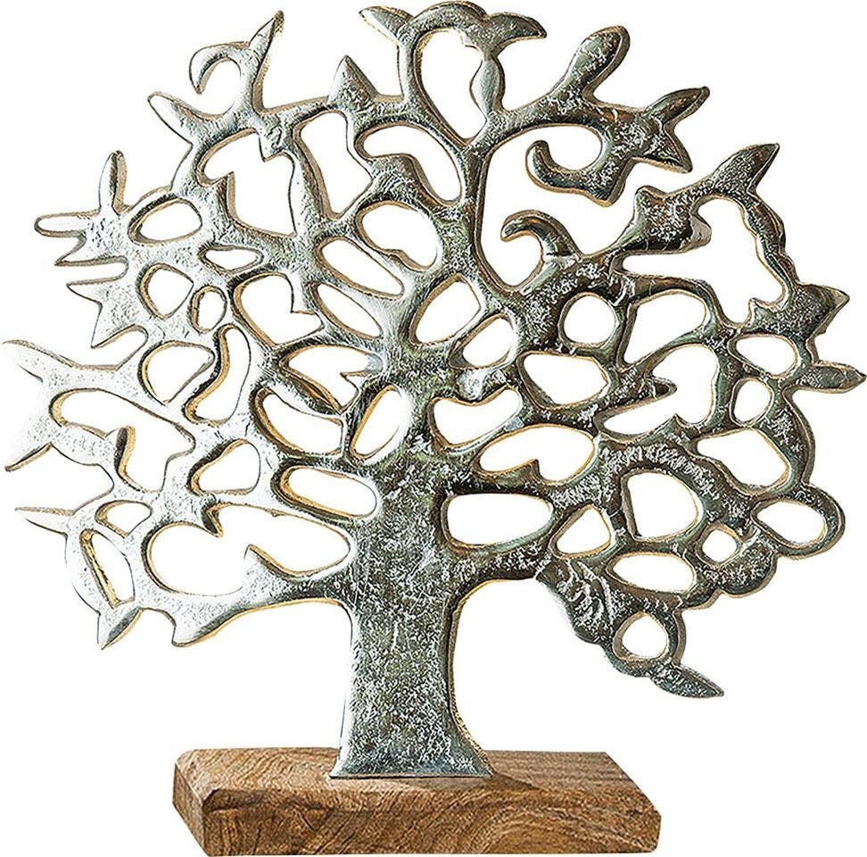 GILDE Dekoobjekt »Lebensbaum Sockel Holz, kaufen auf Wohnzimmer cm, aus aus Holzbase, silber«, Raten Höhe 46 auf Metall