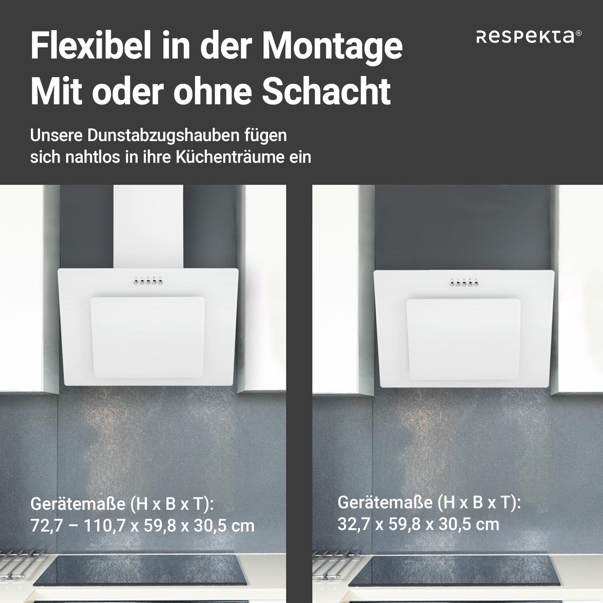 RESPEKTA Kopffreihaube »CH 21060«, 60 cm, 3 Leistungsstufen, LED-Beleuchtung, Ab- und Umluftfähig