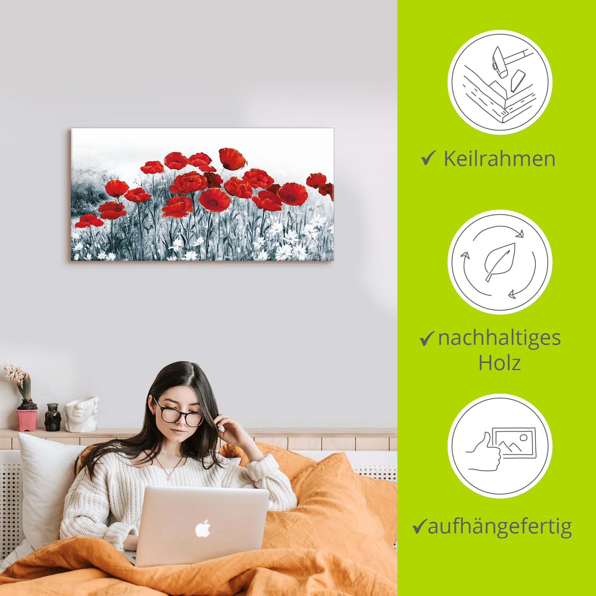 Artland Leinwandbild »Roter Mohn im Feld« Blumen 1 Stk. tlg. auf Holzrahmen gespannt
