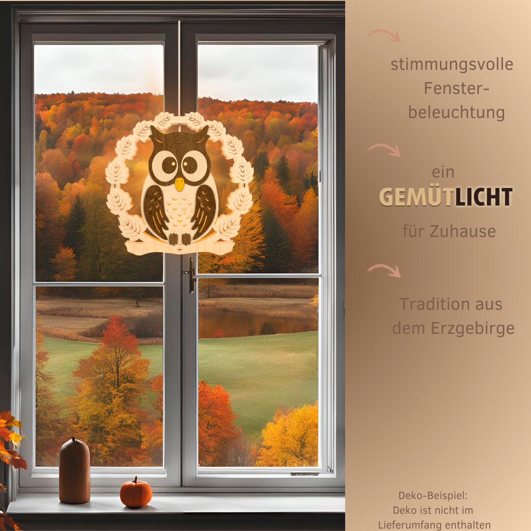 Weigla Beleuchtetes Fensterbild »Eule mit Kranz,Fensterdekoration aus Holz, NATUR-BRAUN,Made in Germany« Erzgebirge garantiert, Herbstdeko Innen, Fensterbeleuchtung