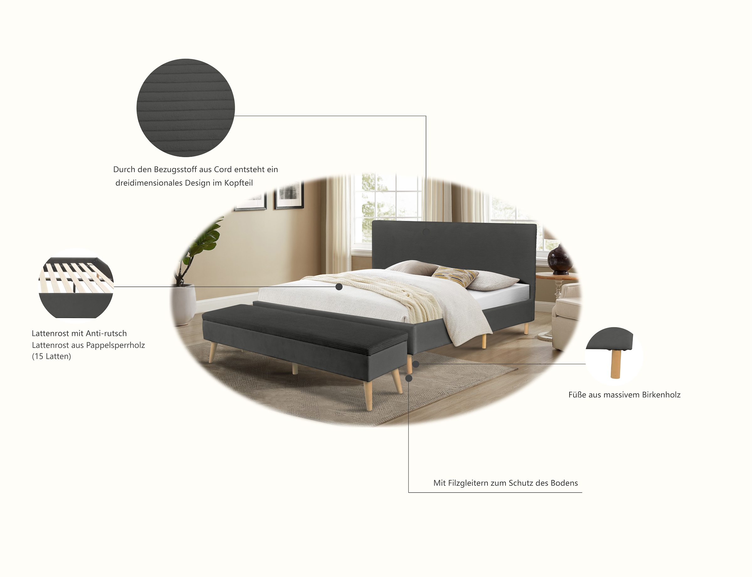 Home affaire Polsterbett »Armandine inkl. Lattenrost« Kopfteil mit Cordbezug, erhältlich in den Breiten 140cm & 180cm
