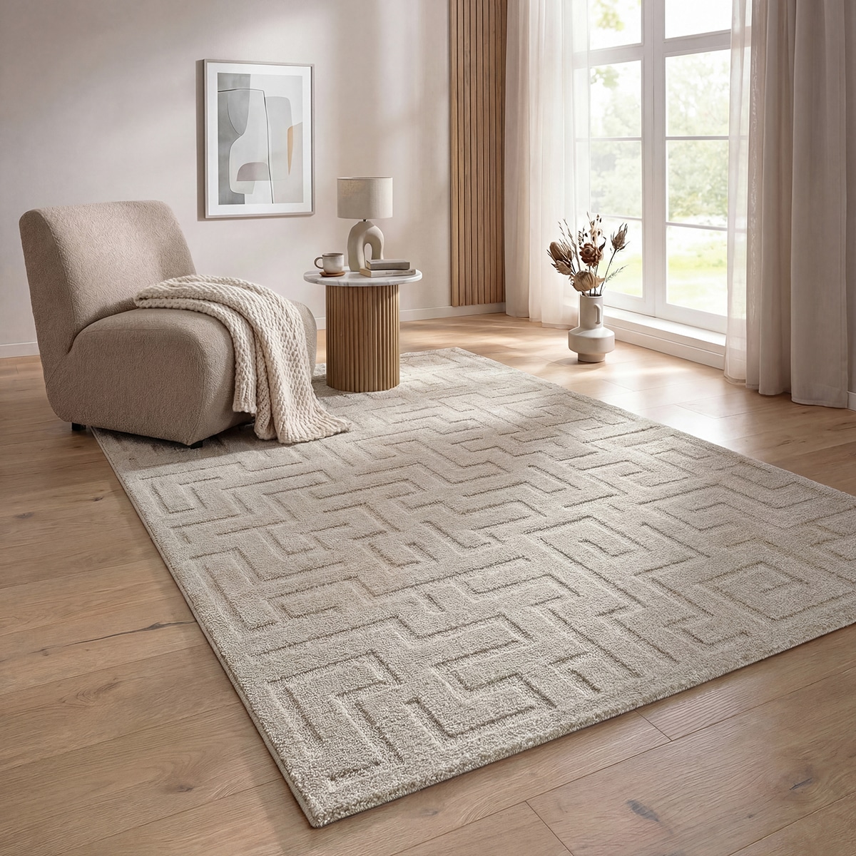 the carpet, Designteppich »Elisa« rechteckig 15 mm Höhe mit klaren geometrischen Formen und Linien, beige, Polyester, Polypropylen (PP), B : 120 cm 1 