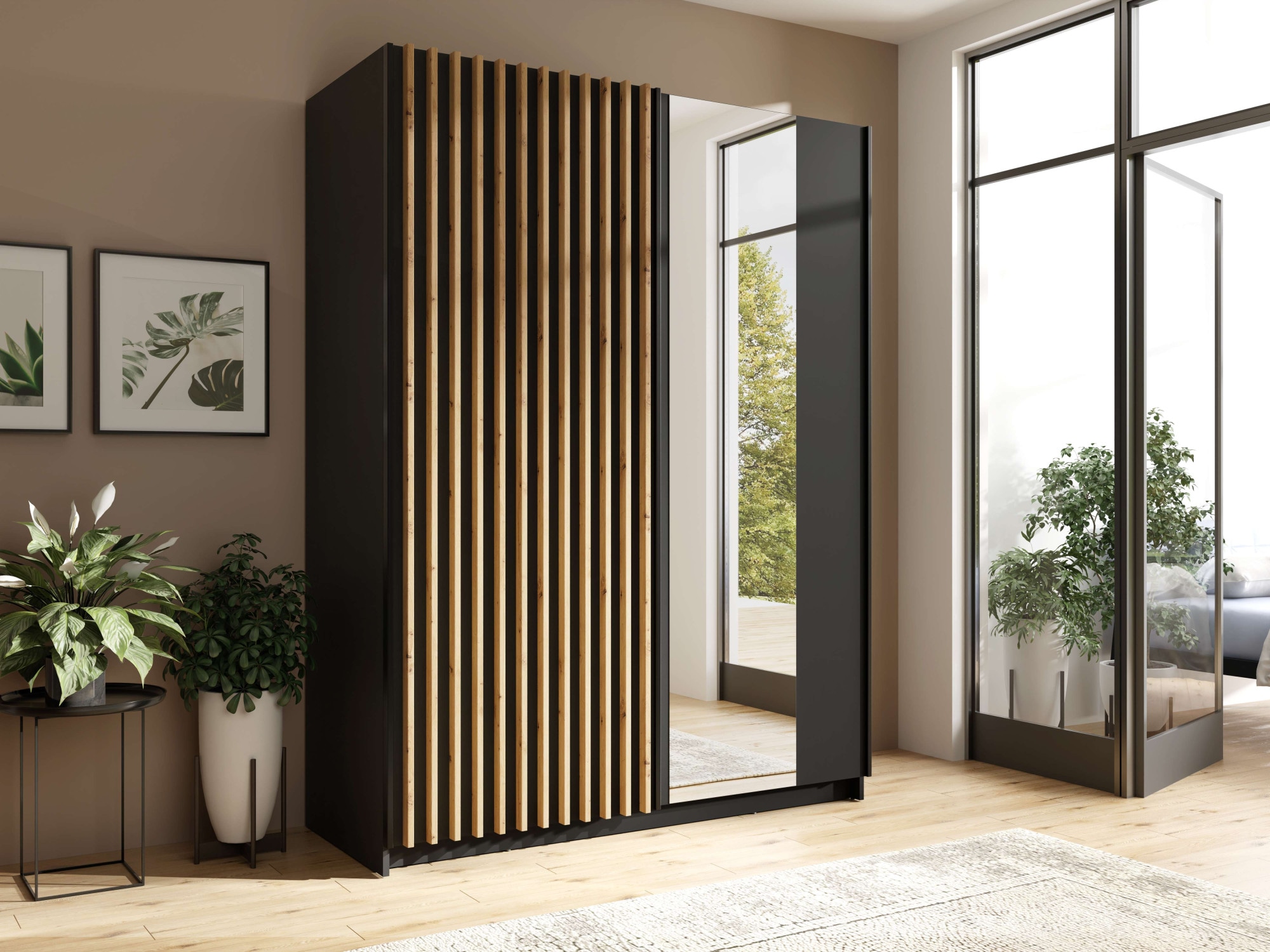 INOSIGN Kleiderschrank »Kleiderschrank Camden mit Spiegel, 4 Einlegeböden und Kleiderstange«, Garderobe mit 2 Schwebetüren und Lamellen, BxHxT 150,5x198,5x61,6 cm