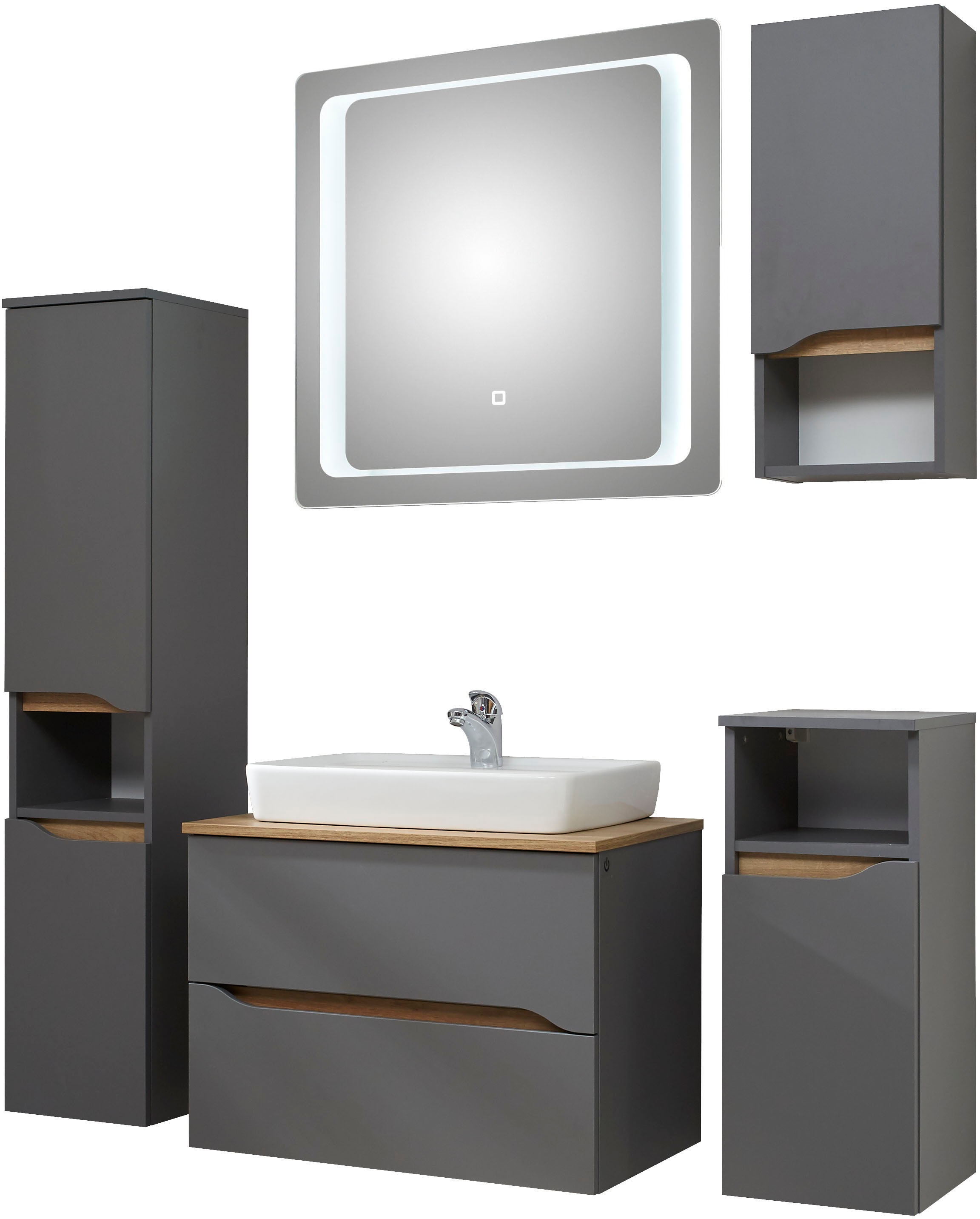 Saphir Badmöbel-Set »Quickset 5-teilig, Keramik-Aufsatzbecken mit LED-Spiegel« 7 Stk. tlg.