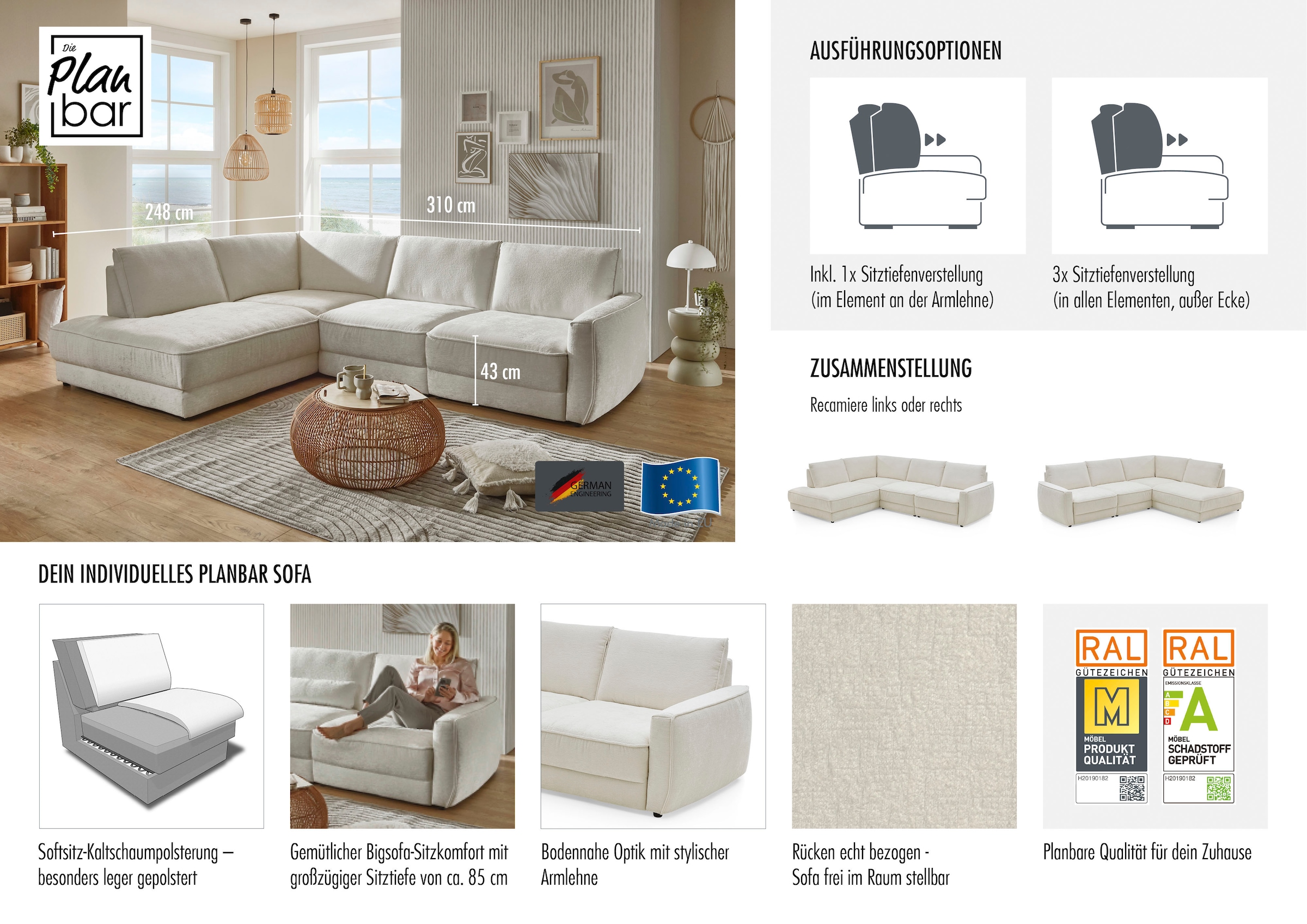 Die PlanBar Ecksofa »ZE-EM24139, L-Form, B: 310 cm« SoftSitz-Kaltschaumpolsterung, 1 o. 3 Sitztiefenverstellungen wählbar
