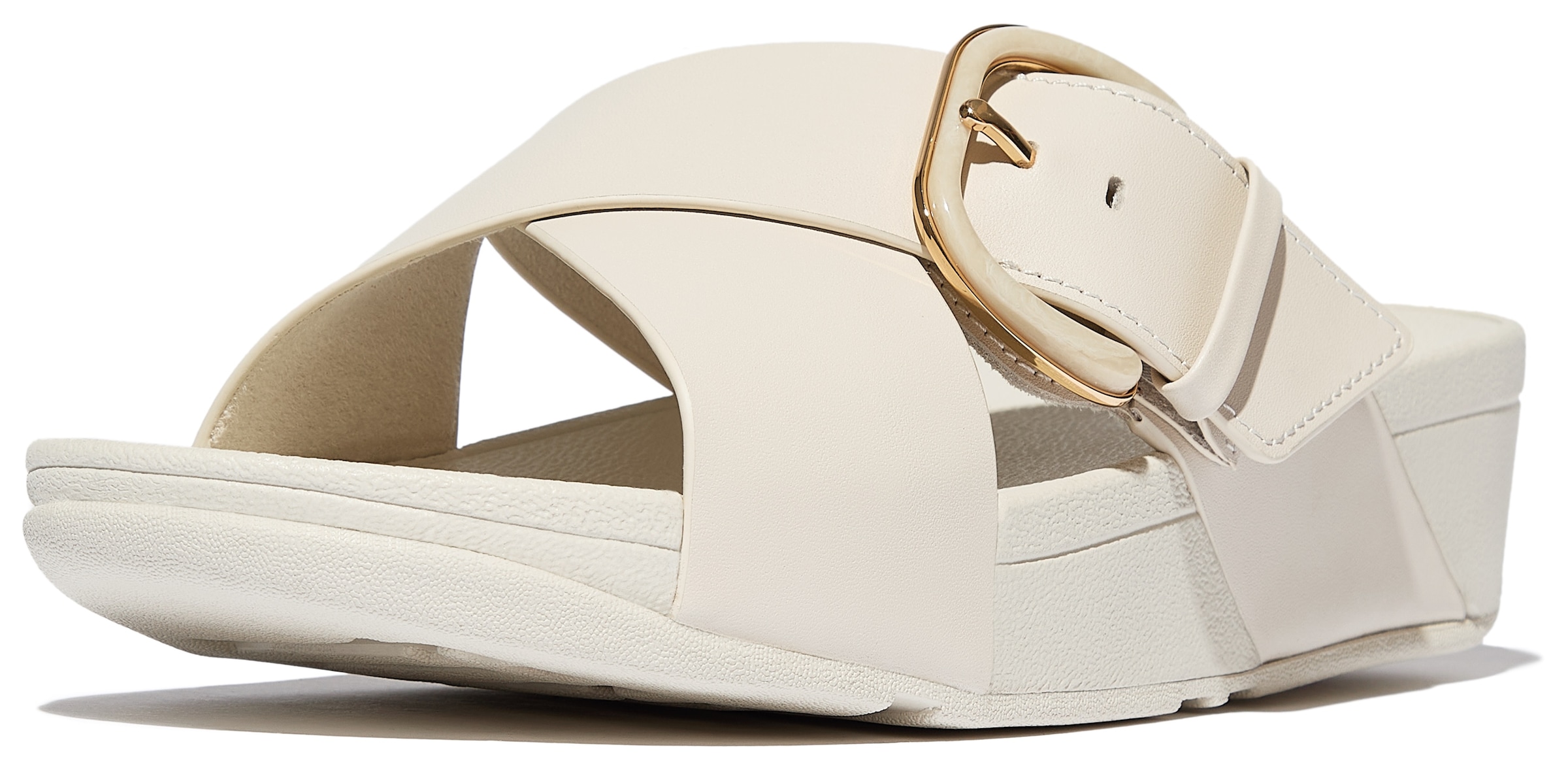 Fitflop Pantolette »LULU RESIN-BUCKLE LEATHER CROSS SLIDES«, Plateauschuh, Sandale in schmaler Form