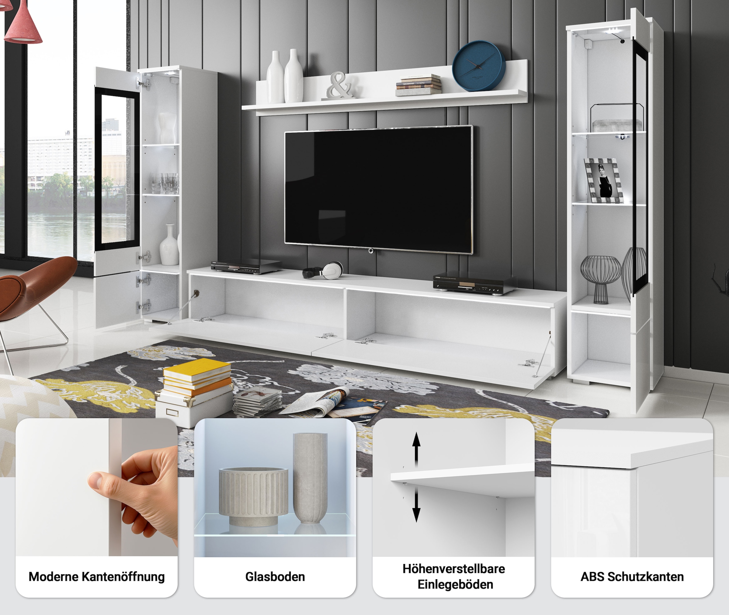 INOSIGN Wohnwand »VERA II, Vitrinen Türanschlag wechselbar«, (Komplett-Set, 4 St.), Mediawand 260 cm, Vitrine mit Verglasung, stehend und hängend