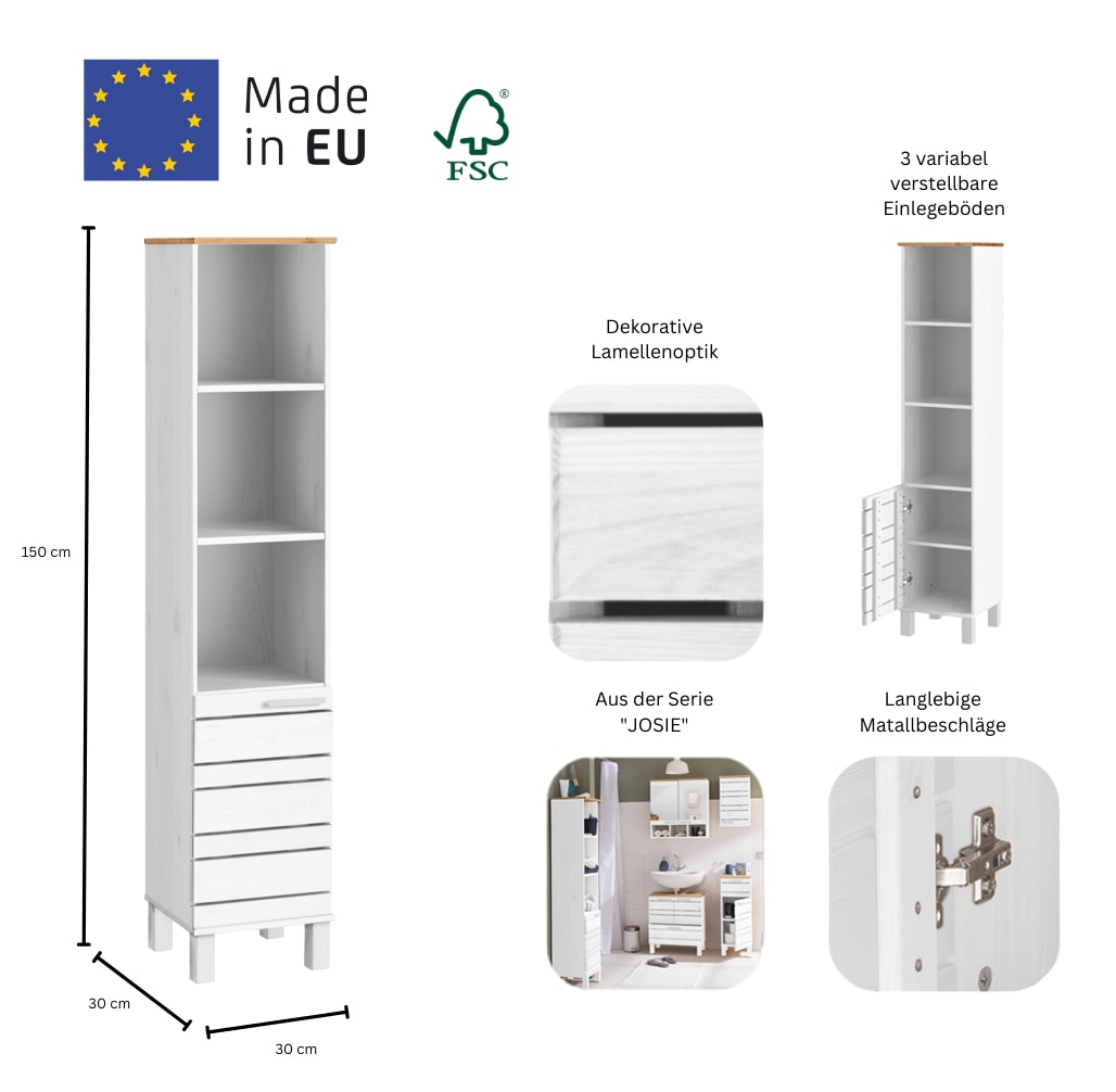 Home affaire Hochschrank »JOSIE« Breite 30 cm, aus Massivholz, verstellbare Einlegeböden, Metallgriffe