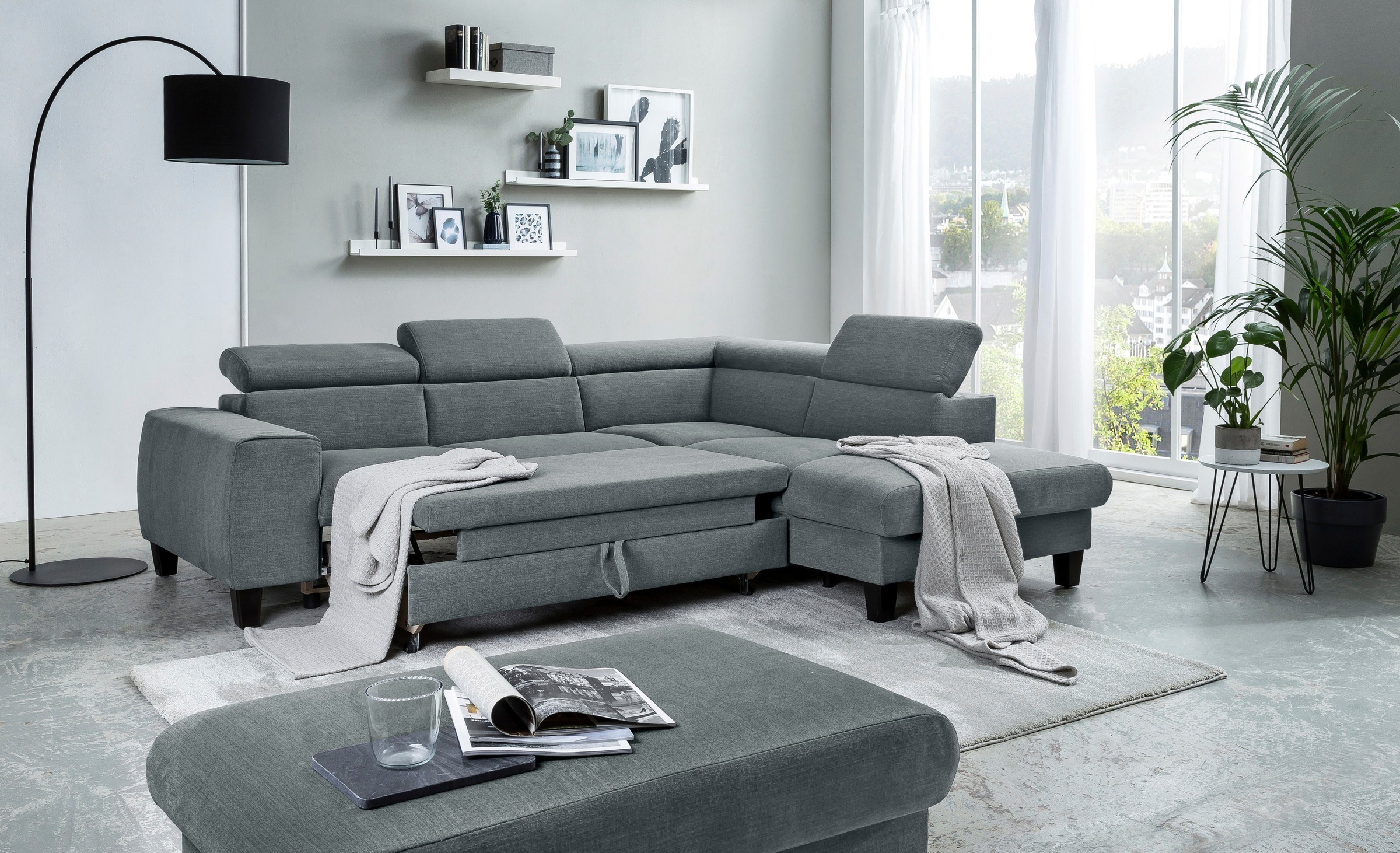 COTTA Polstergarnitur »Morven L-Form«, (Set), Set bestehend aus: Ecksofa mit Kopfteilverstellung & Hocker