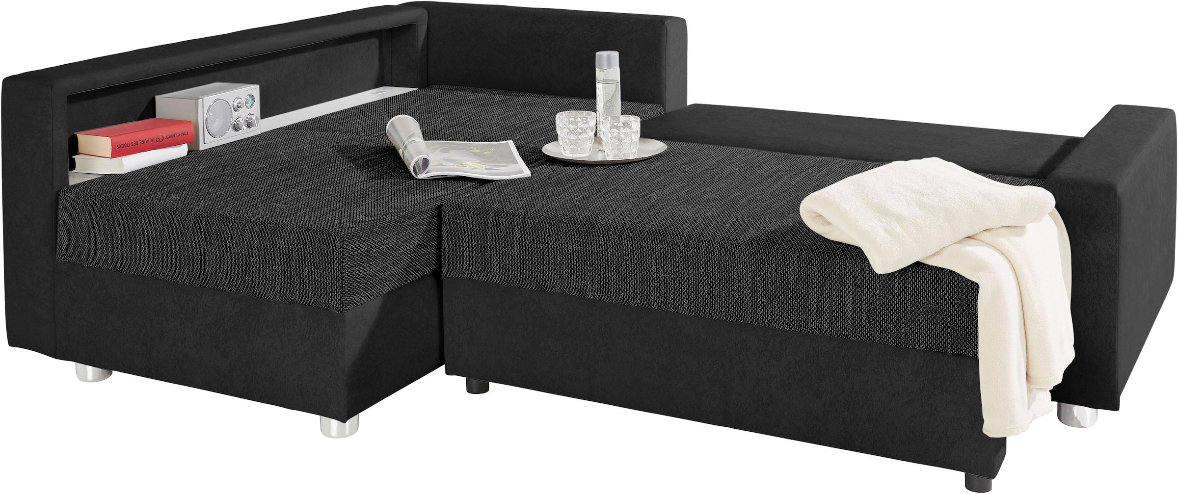 COLLECTION AB »Relax L-Form, B: 223 cm« Schlaffunktion, Bettkasten, Regal & 1 Zierkissen, optional Licht