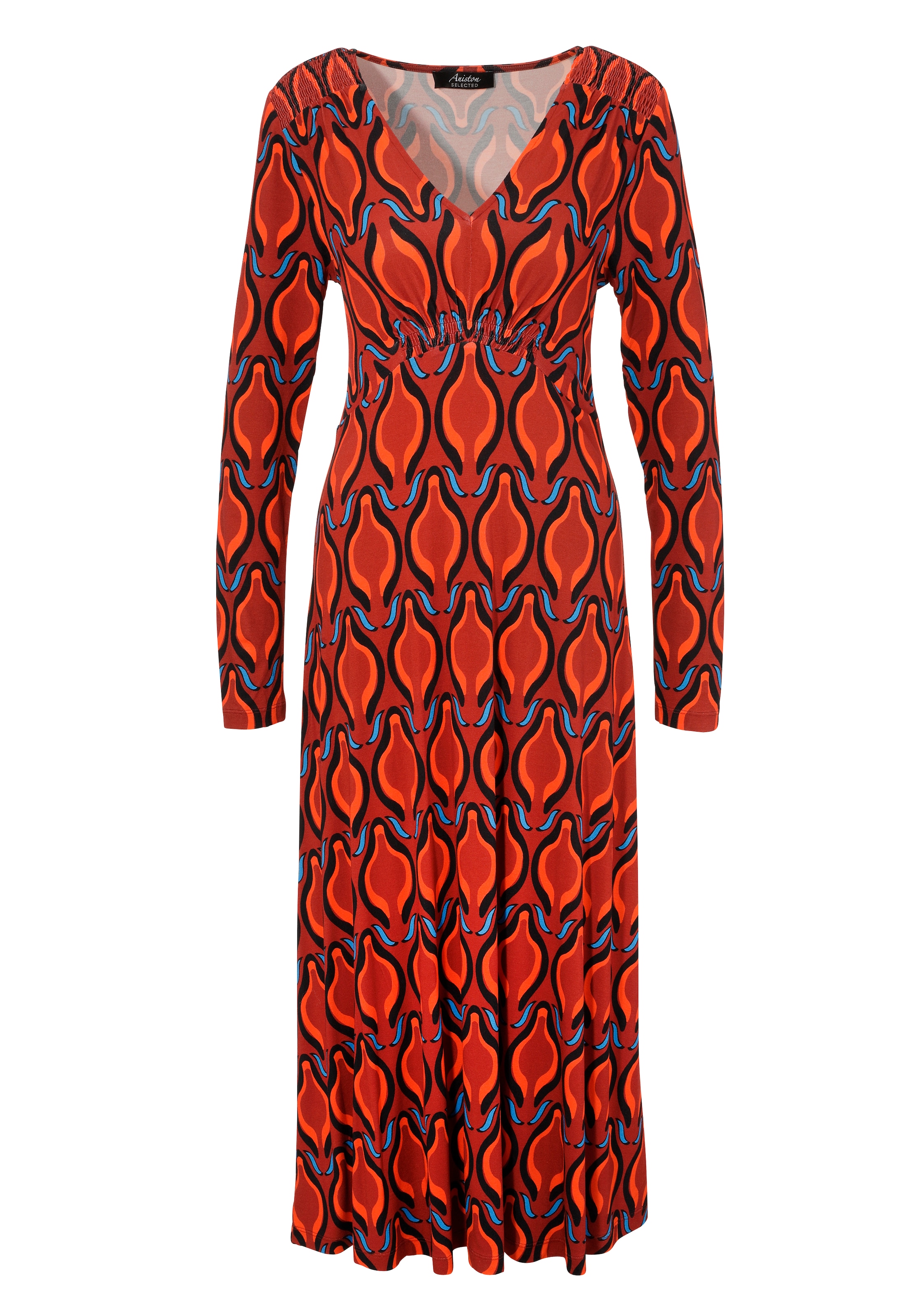 Aniston SELECTED Midikleid, mit Smok-Einsätzen und Retro-Druck
