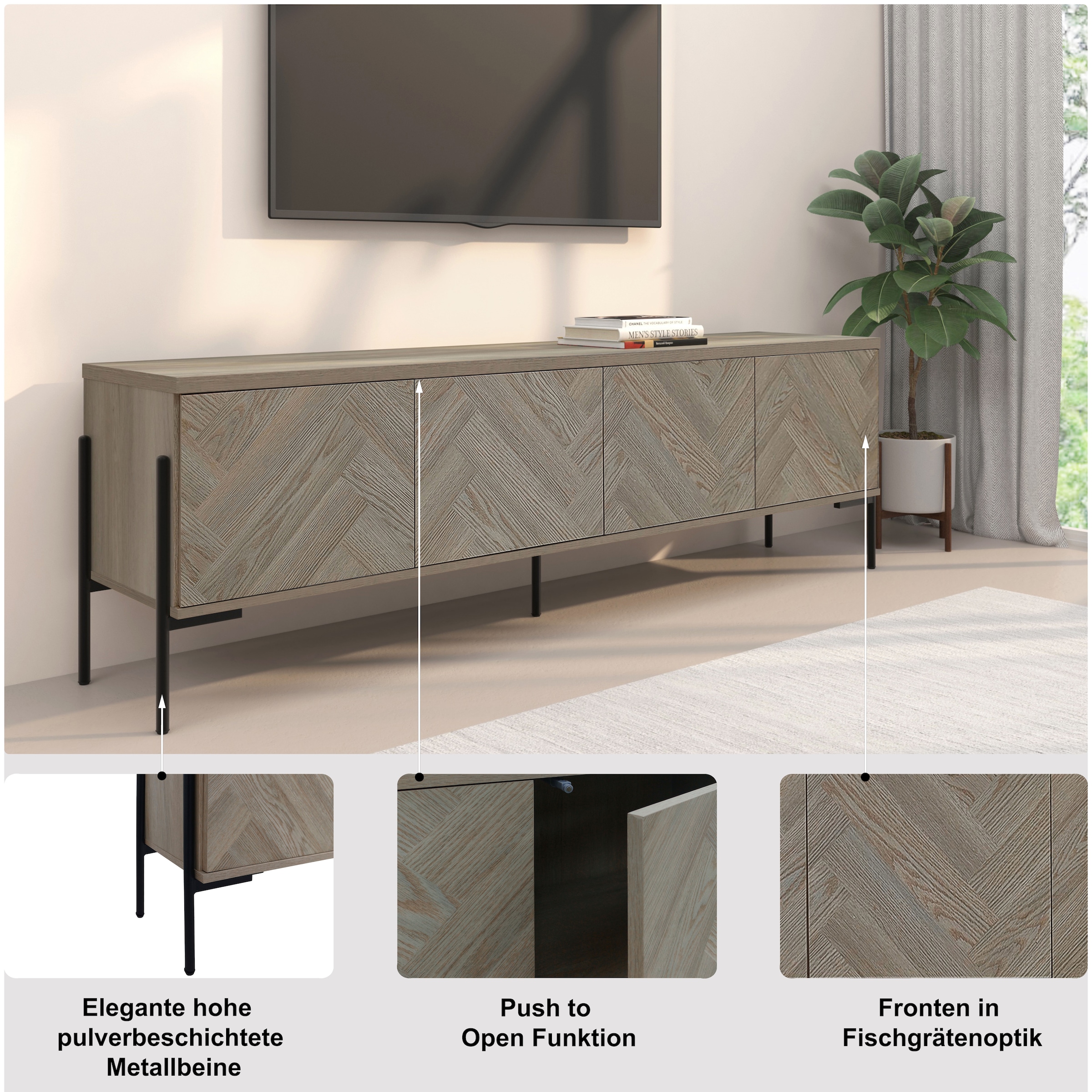 OTTO home Lowboard »Eadwine« TV-Kommode, Push-to-open, Türen mit Fischgräten Muster, Breite 175 cm