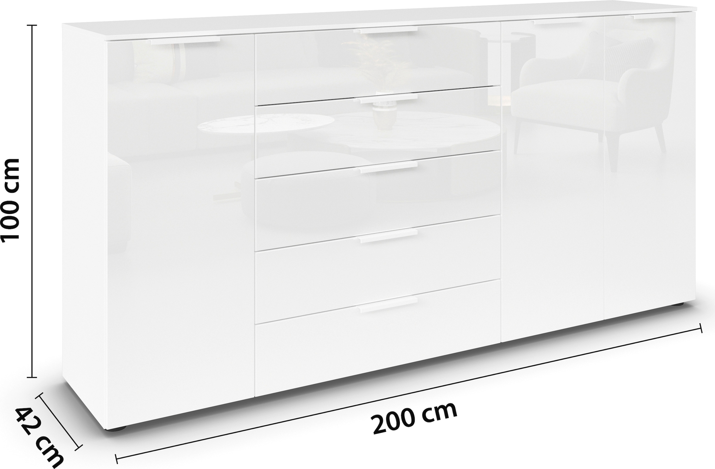 rauch Kombikommode »Kommode Türkommode Sideboard Kombikommode FLIPP mit Glasfront«, (Breite 200 cm mit 4 Einlegeböden), 3-türig mit 5 Schubladen und Soft-Close-Funktion sowie Glasfront