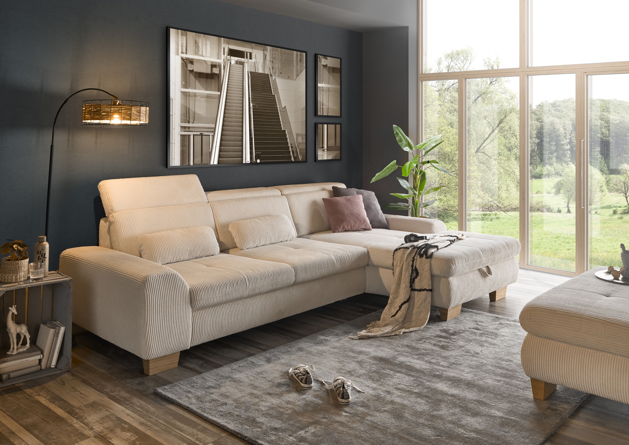set one by Musterring Ecksofa »SO 3400 Sitzhöhe 47cm oder 49cm, Sitztiefe verstellbar, B/T: 307/195cm«, Kopteil verstellbar, mit Bettfunktion, in Cord, natur, Sitzhöhe 47