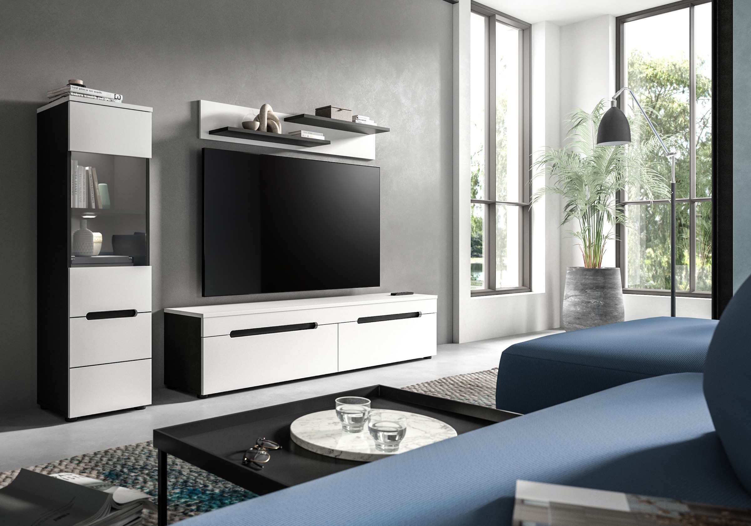 Home affaire Wohnwand »REHAT, TOPSELLER!, 3-teilig, inkl. Beleuchtung, stehend oder hängend« Set bestehend aus: Vitrine inkl. Beleuchtung, Lowboard und Wandboard, 3 Stk. tlg.