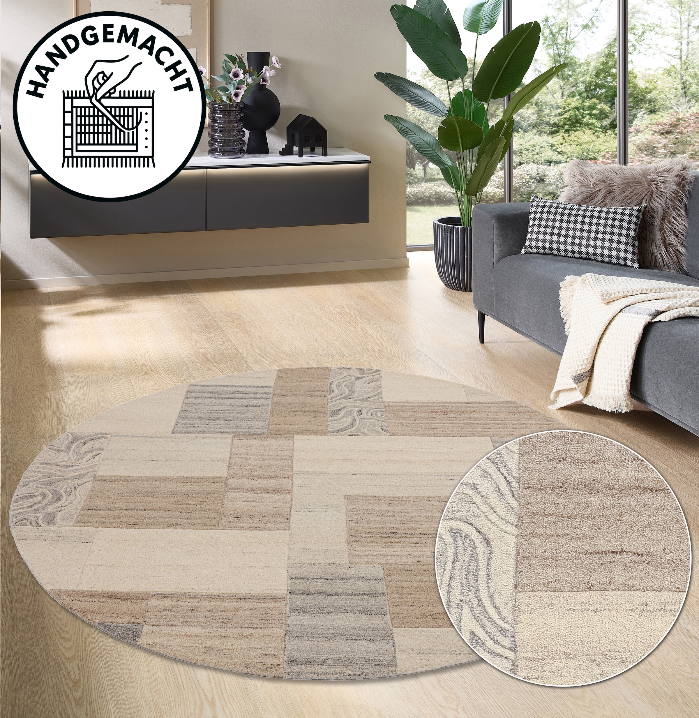 THEKO Wollteppich »Lola,  Wolle, handgearbeitet, Patchwork Design« rund 12 mm Höhe handgetuftet, Wohnzimmer, Schlafzimmer, Esszimmer