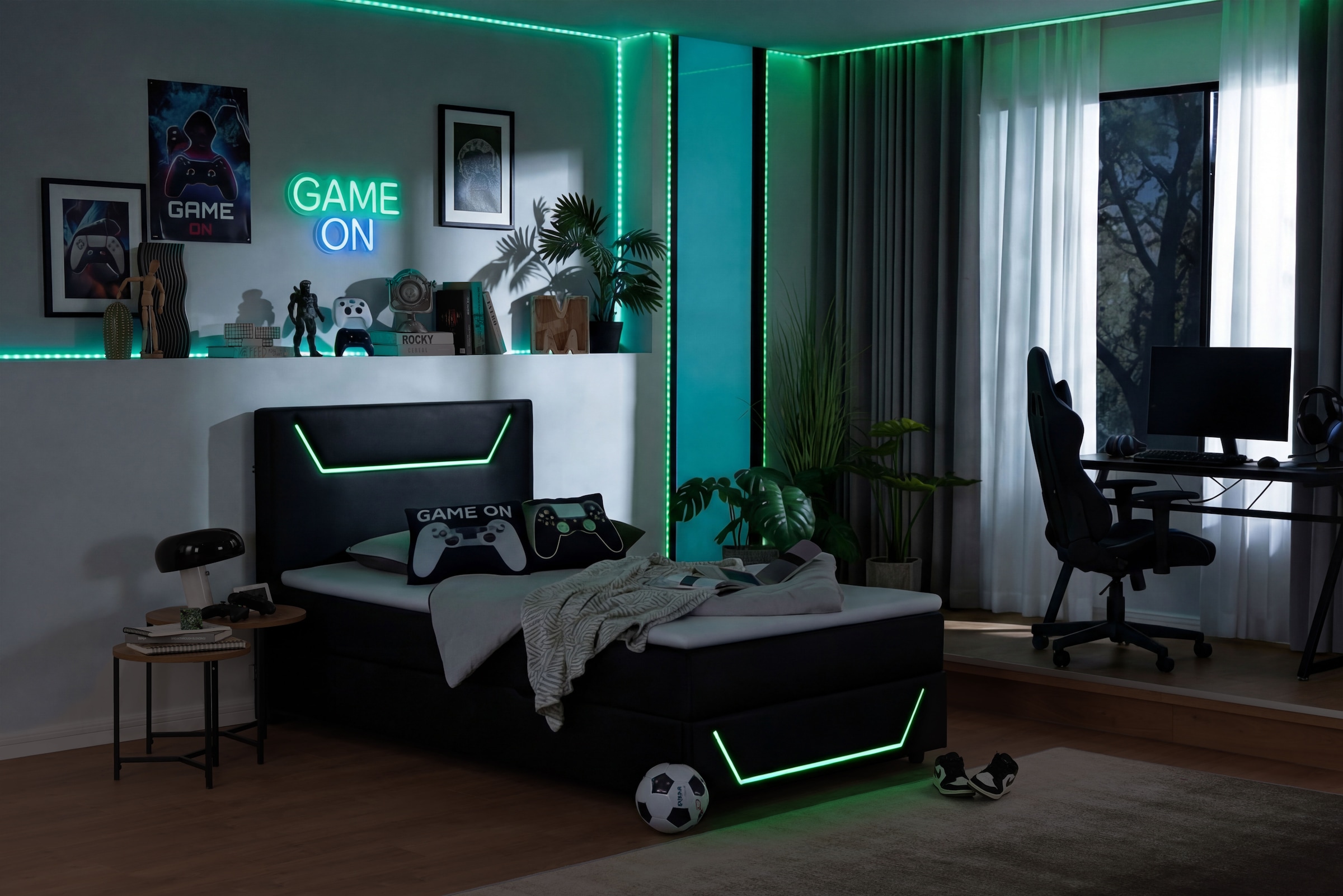 Home affaire Boxbett »GALAXY inkl. Bettkasten, mit grüner LED-Beleuchtung, Breite: 120cm« Gamingbett mit USB-C und USB-A Anschluss am Kopfteil, inkl. Topper