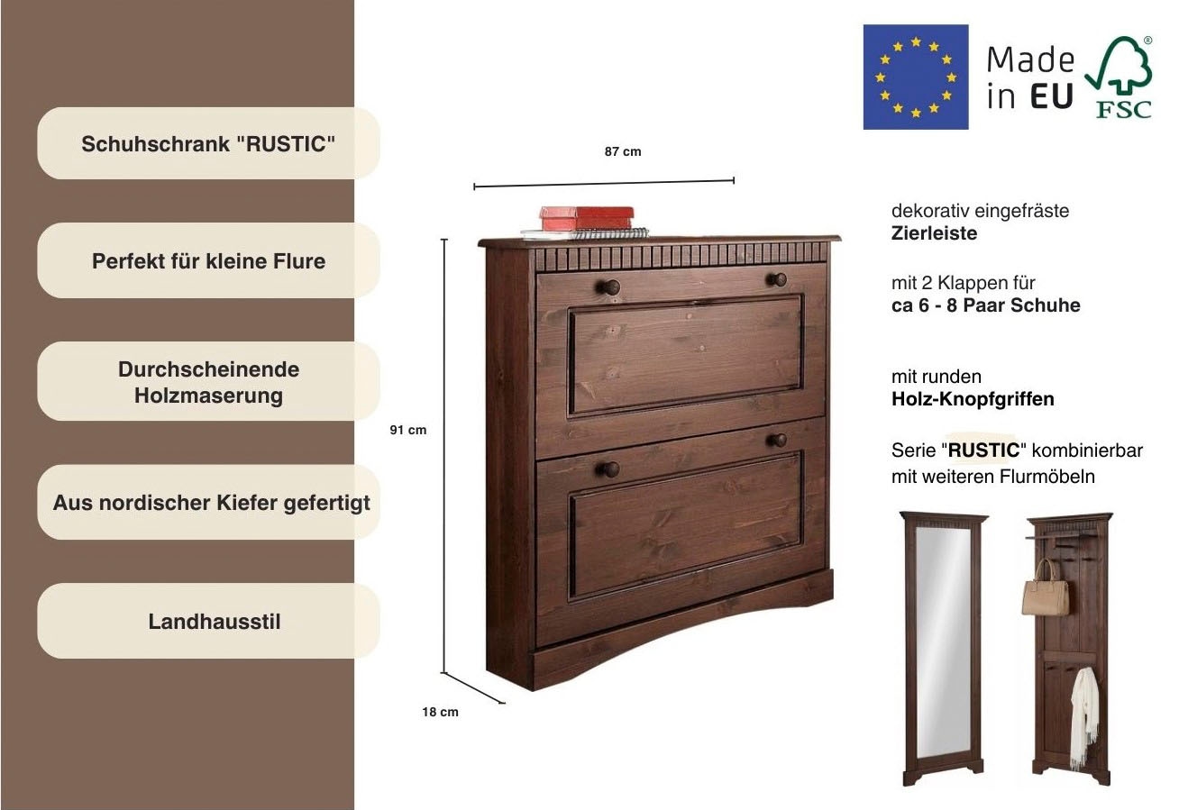 Home affaire Schuhschrank »Rustic«, mit Knopfgriffen aus massiver Kiefer,FSC®-zertifiziert,Kassetenoptik