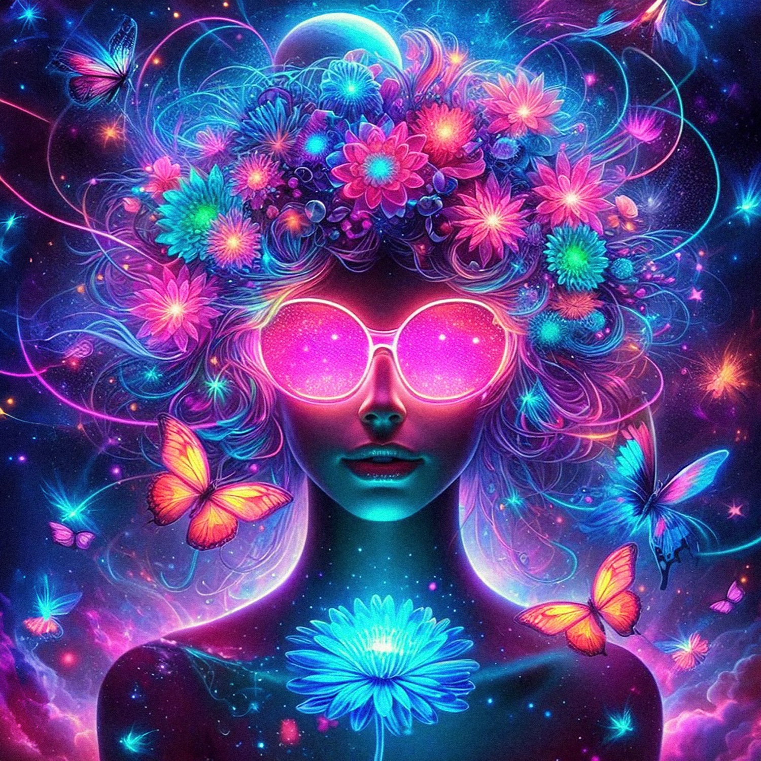 queence Acrylglasbild »Kosmische Blüte«, Bilder von Frauen-Fantasy-Frau-Gemälde-Sterne-Kunst, (1 St.), Knallige, tolle Farben auf hochwertigem Acrylglas gedruckt
