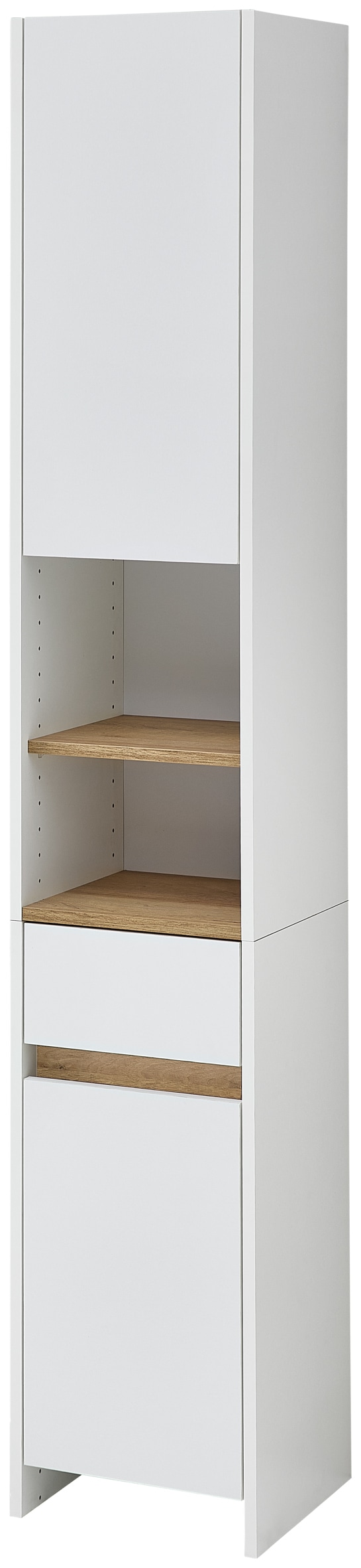 Saphir Hochschrank »Quickset 100, Badschrank 32,4 cm, 2 Türen und 1 Schublade« 3 Einlegeböden, 2 offene Fächer, Badezimmer-Hochschrank, Akzentfuge