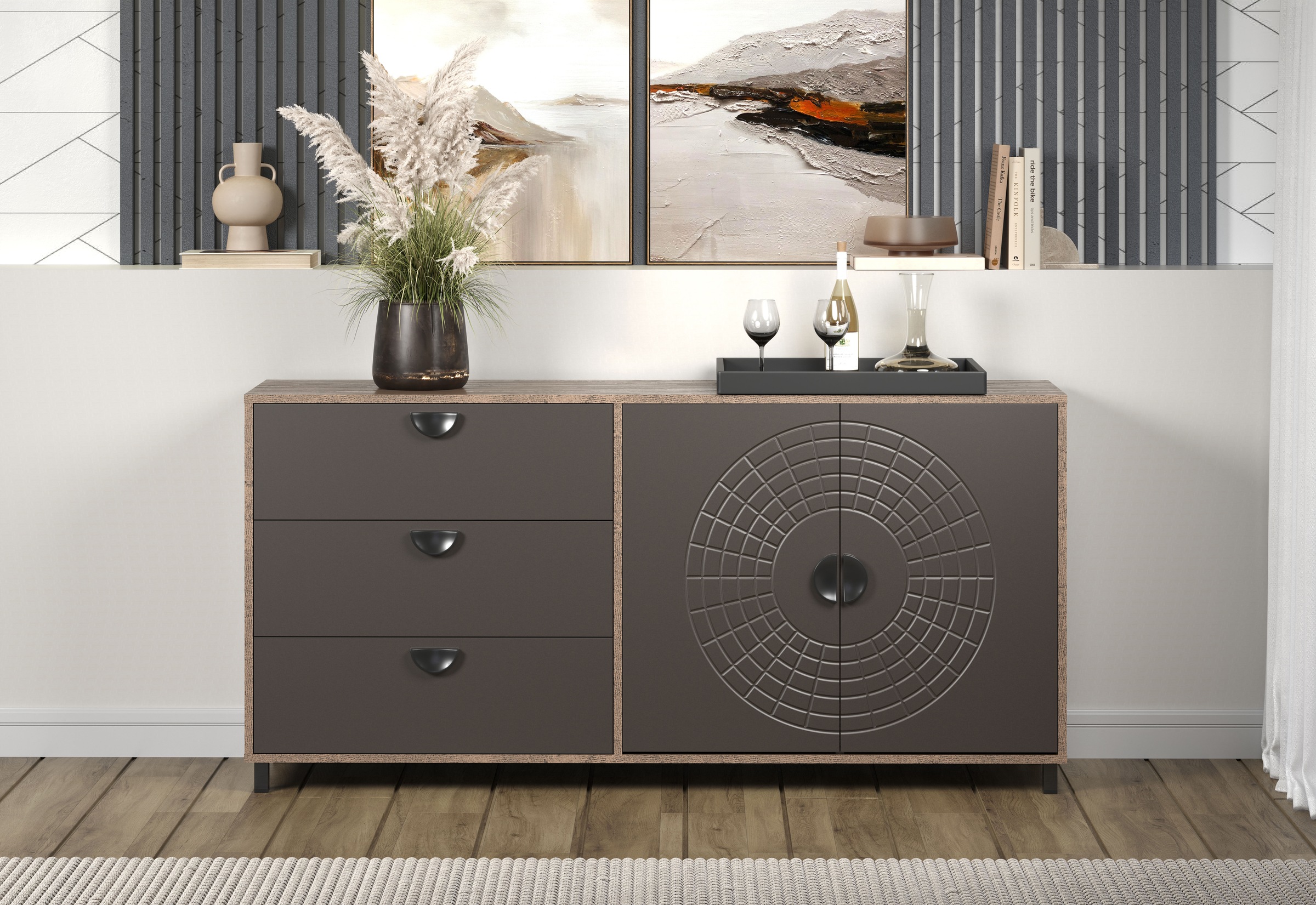 INOSIGN Sideboard »Fusion«, (1 St.), Kommode mit markantem Kreismuster - Antikoptik - (B/T/H) 176/42/86 cm