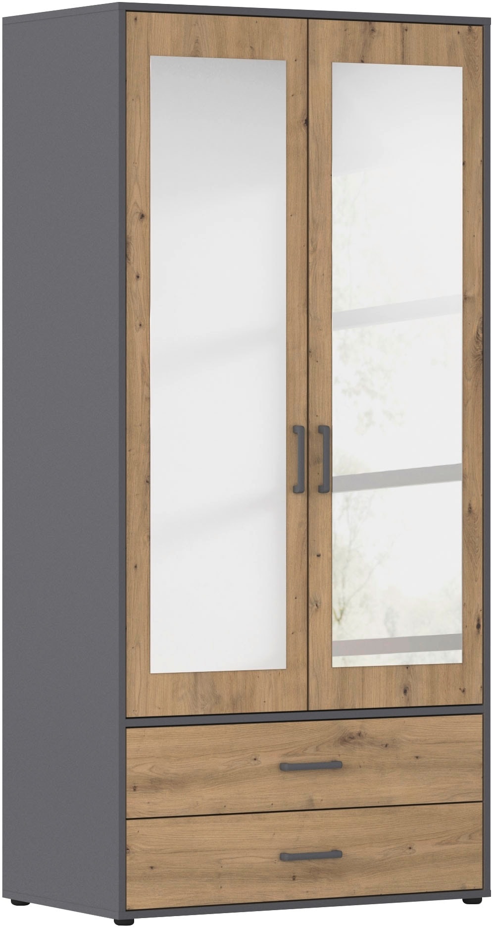 rauch Drehtürenschrank "Kleiderschrank Schrank Garderobe Wäscheschrank VOYAGER" in 3 verschiedenen Ausstattungen BASIC/CLASSIC/PREMIUM, mit modernen Griffen in Graumetallic, inkl. Schubkästen und Spiegel