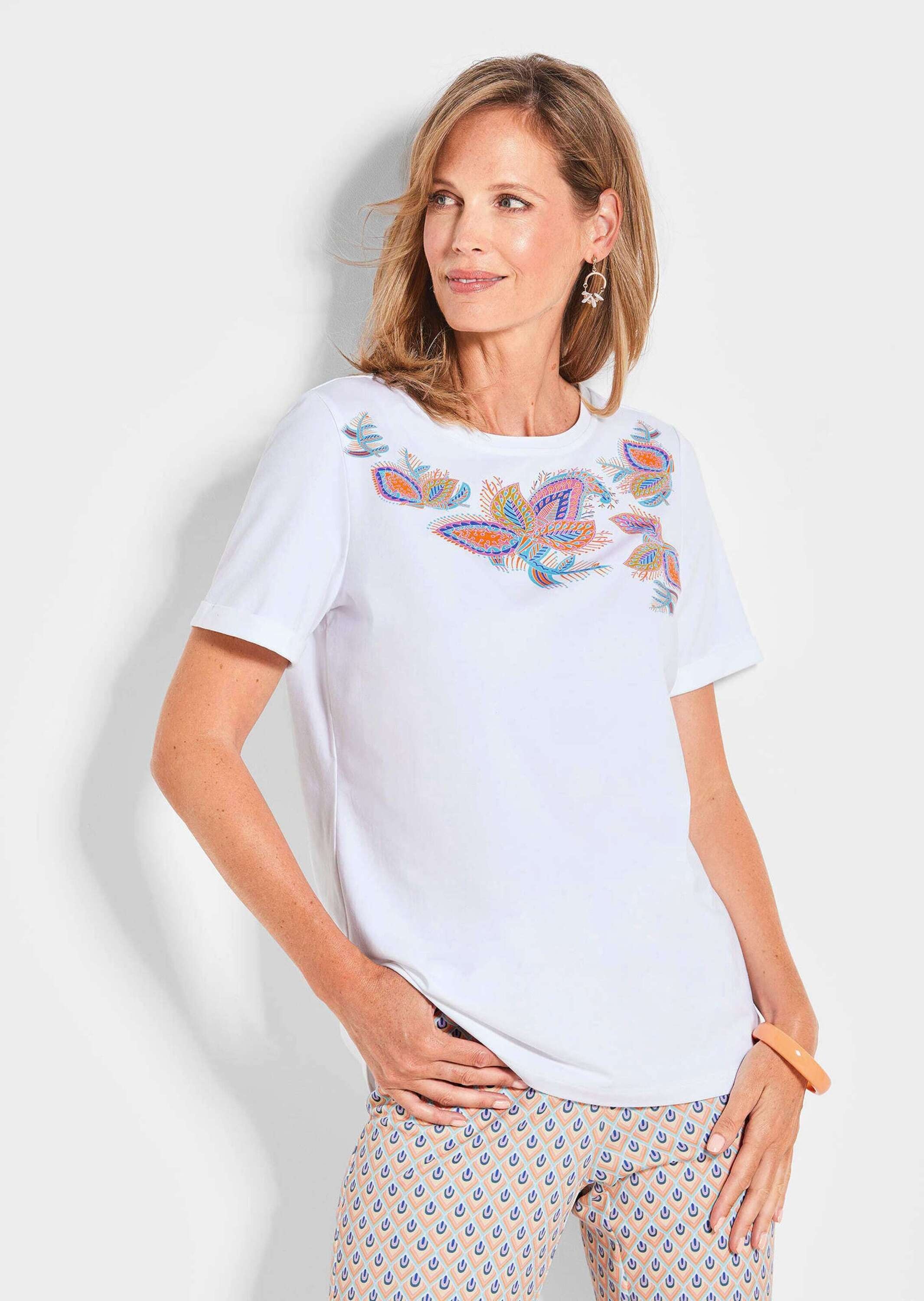 GOLDNER Kurzarmshirt »Florales Shirt mit U-Boot-Ausschnitt« Frontprint
