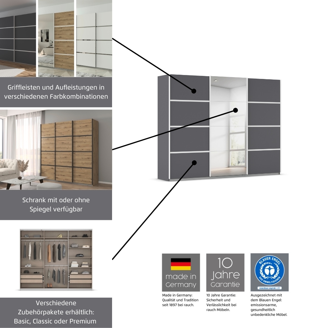 rauch Kleiderschrank »Schwebetürenschrank OTTO´s Choice Garderobe Schrank TOP ANGEBOT Avola«, (in 3 verschiedenen Ausstattungen BASIC/CLASSIC/PREMIUM), mit eleganten Zierleisten in Chrom, Schwarz oder Weiß MADE IN GERMANY
