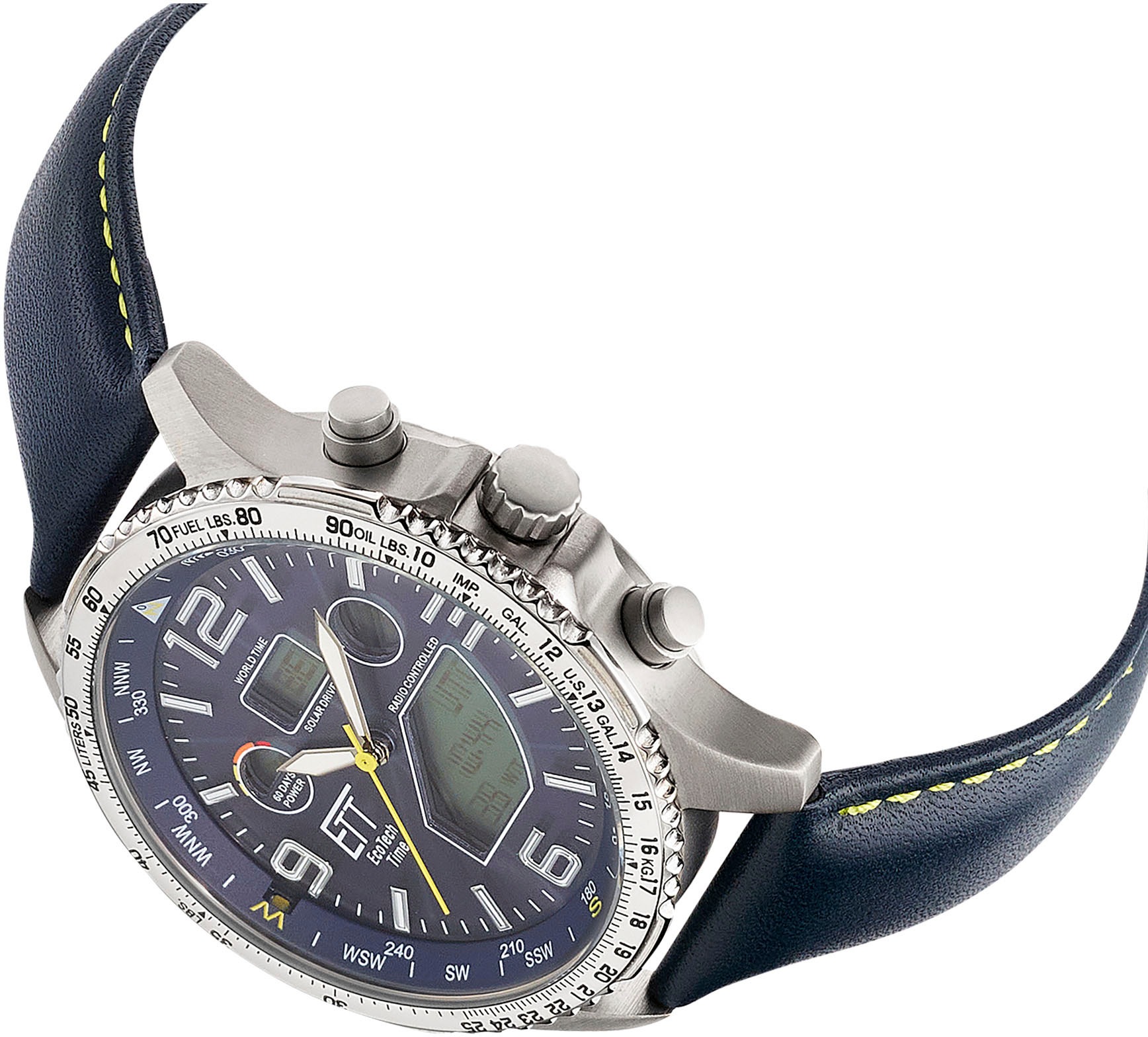 ETT Funkchronograph »Professional World Timer«, Armbanduhr, Herren, Solar, Titan, Datum, Stoppfunktion, Lederarmband