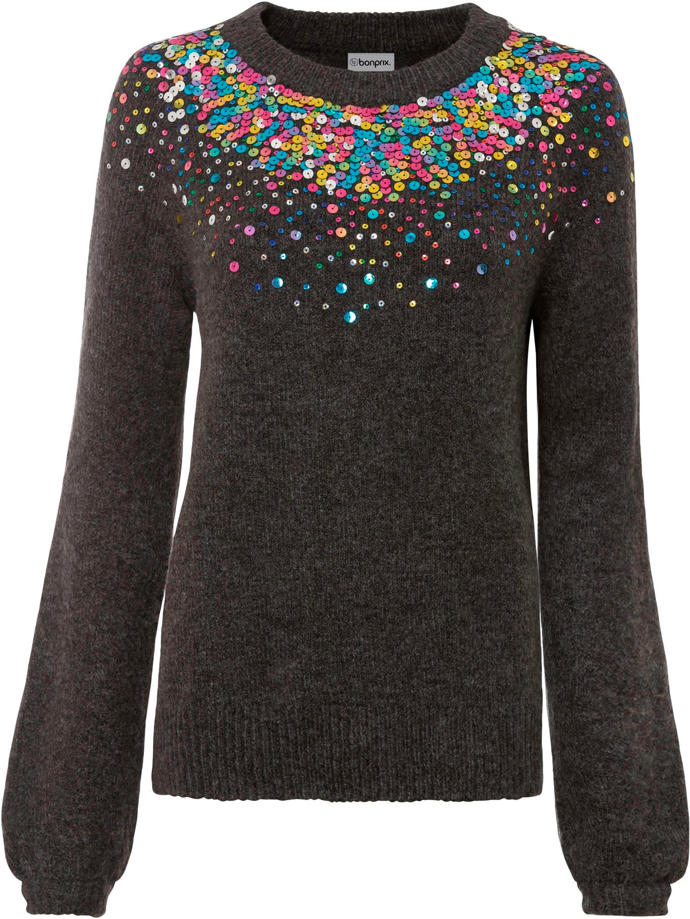 bonprix Strickpullover aus Polyacryl, Polyester und Elasthan, ohne Kragen, lockere Passform