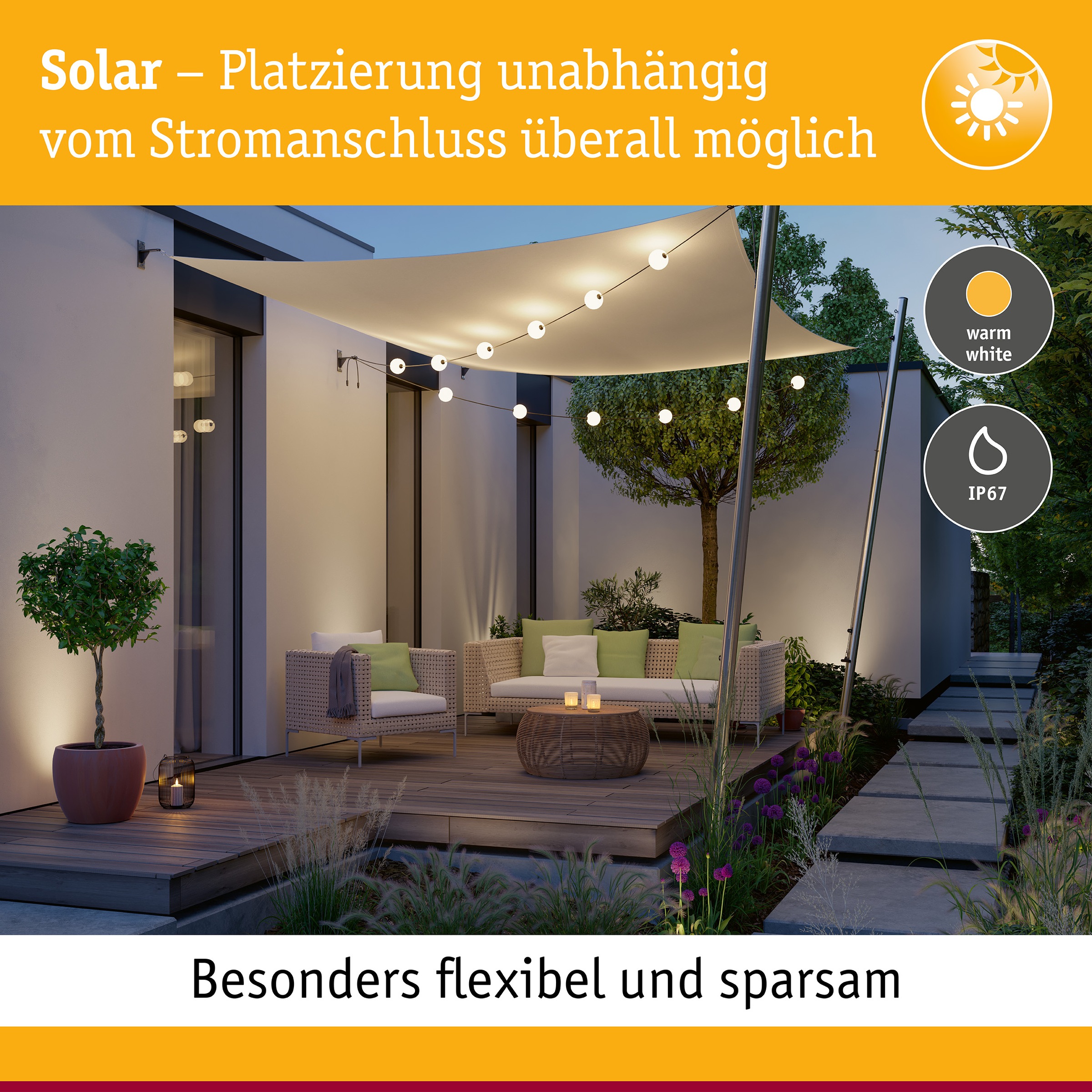Paulmann LED-Lichterkette »Naima IP67 3000K 1,71m 3x60lm Schwarz« 3 Stk.-flammig spritzwassergeschützt