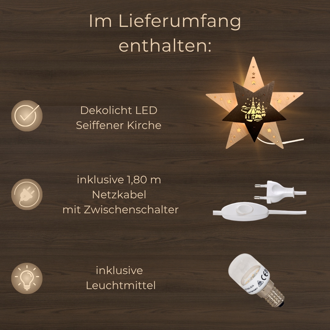 Weigla Dekostern »LED Seiffener Kirche, Dekoleuchte aus Holz, NATUR-BRAUN«