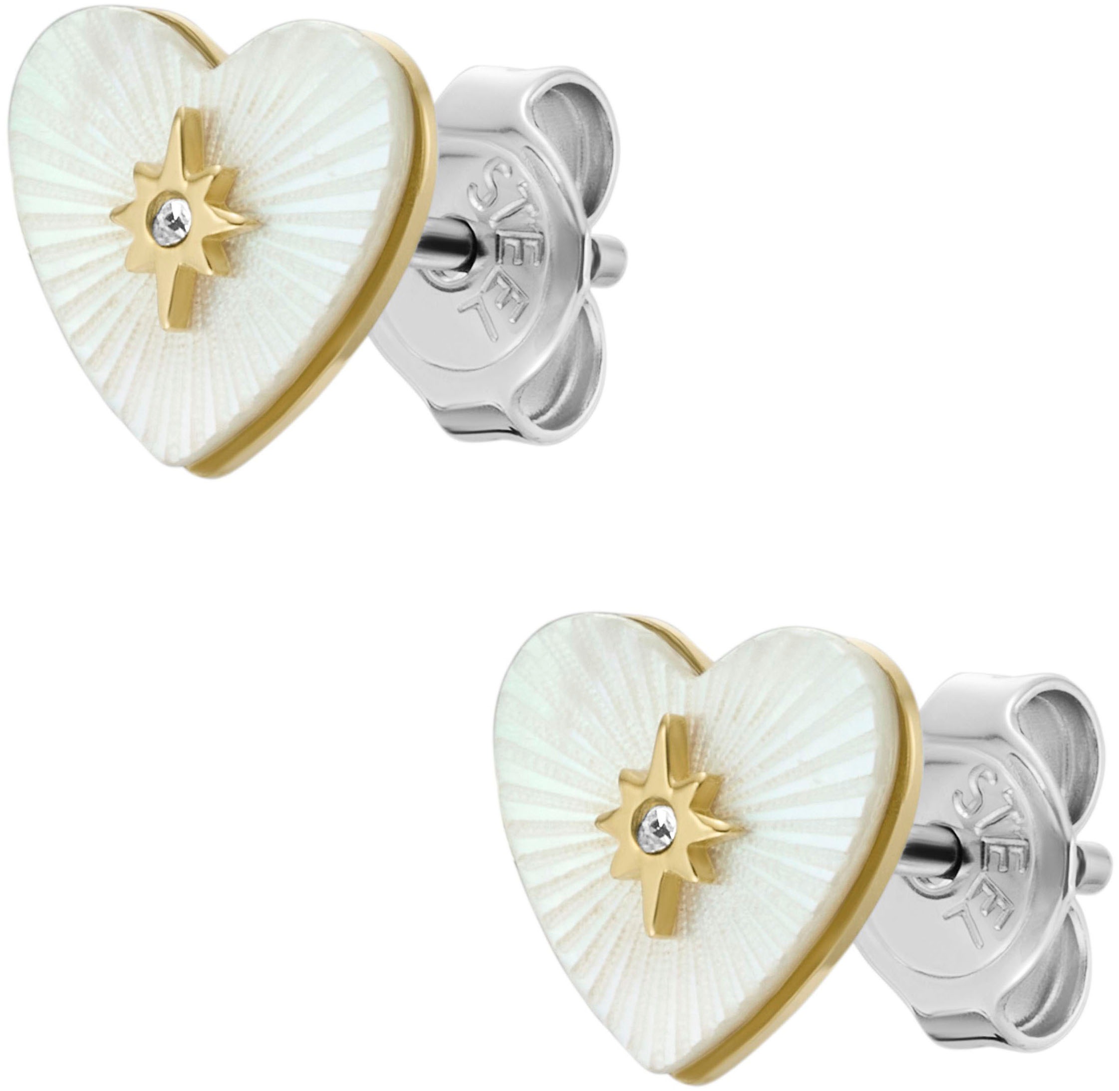 Fossil Paar Ohrstecker »Schmuck Geschenk Edelstahl RADIANT LOVE HEART, JF04732710«, mit Glasstein - mit Perlmutt