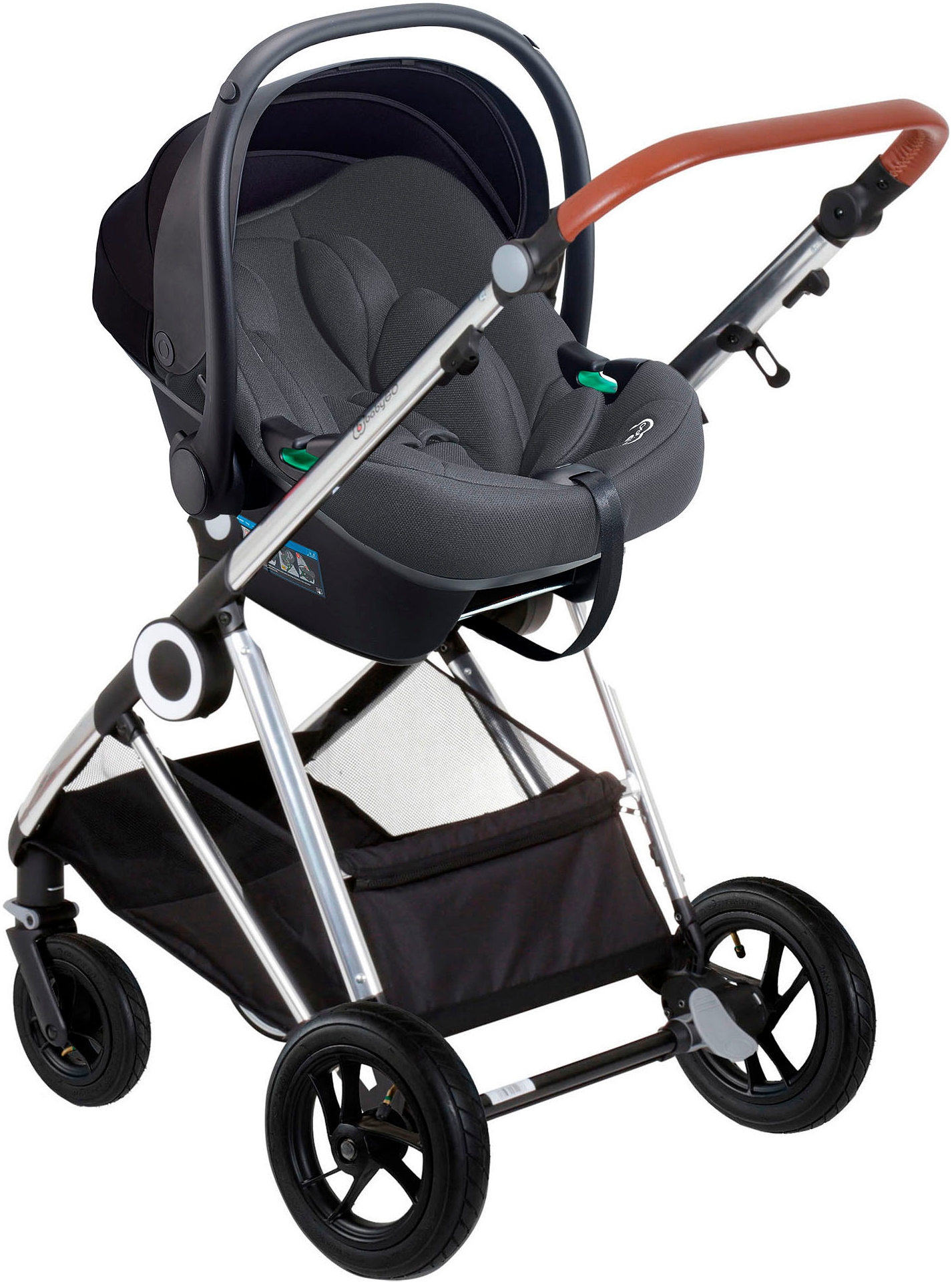 BabyGo Kombi-Kinderwagen »Halime AIR 3in1, Anthracite Black«, mit Luftreifen, inkl. Babywanne, Babyschale, Regenhaube & Wickeltasche