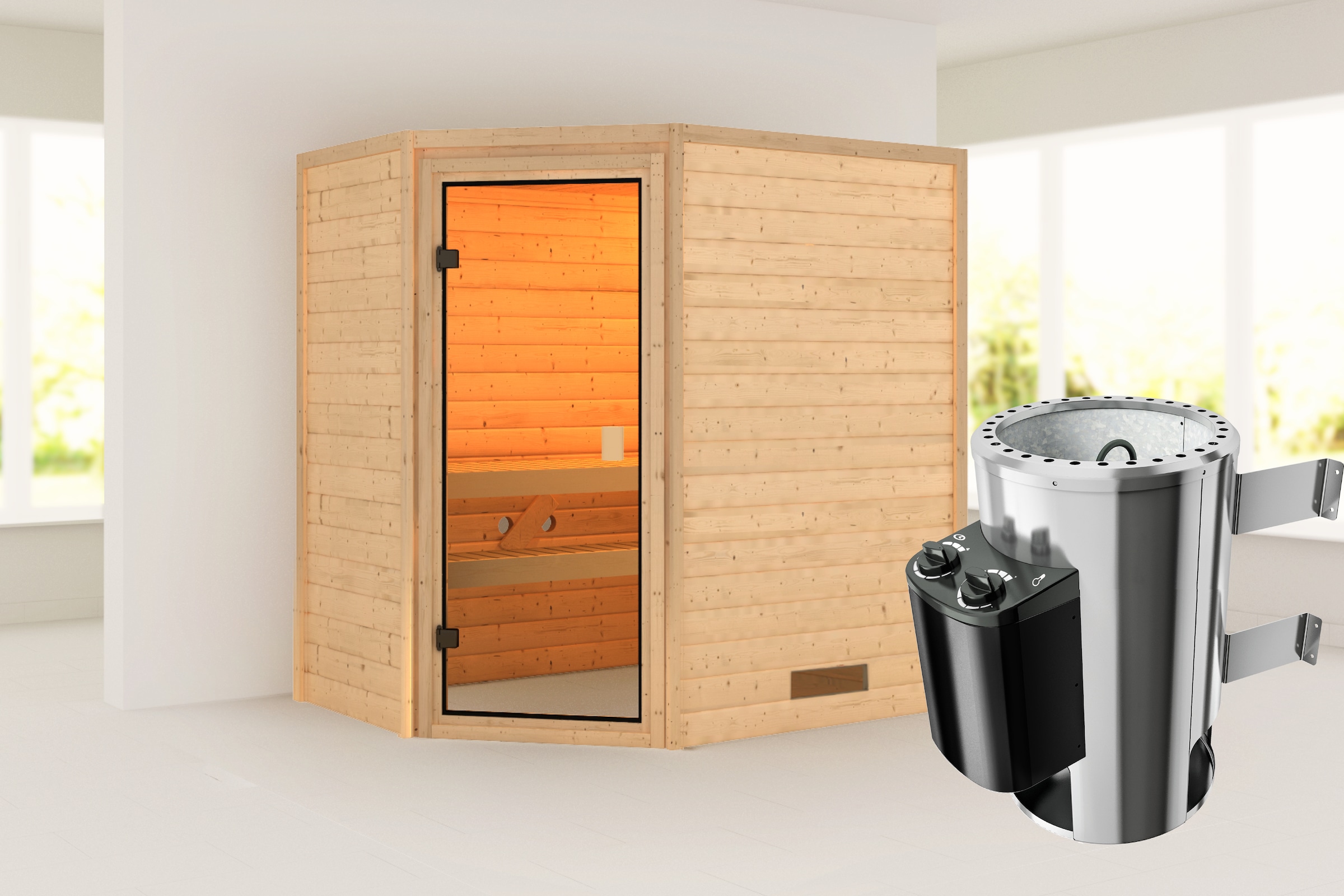 Karibu Sauna »"Juli" mit bronzierter Tür, naturbelassen« aus hochwertiger nordischer Fichte