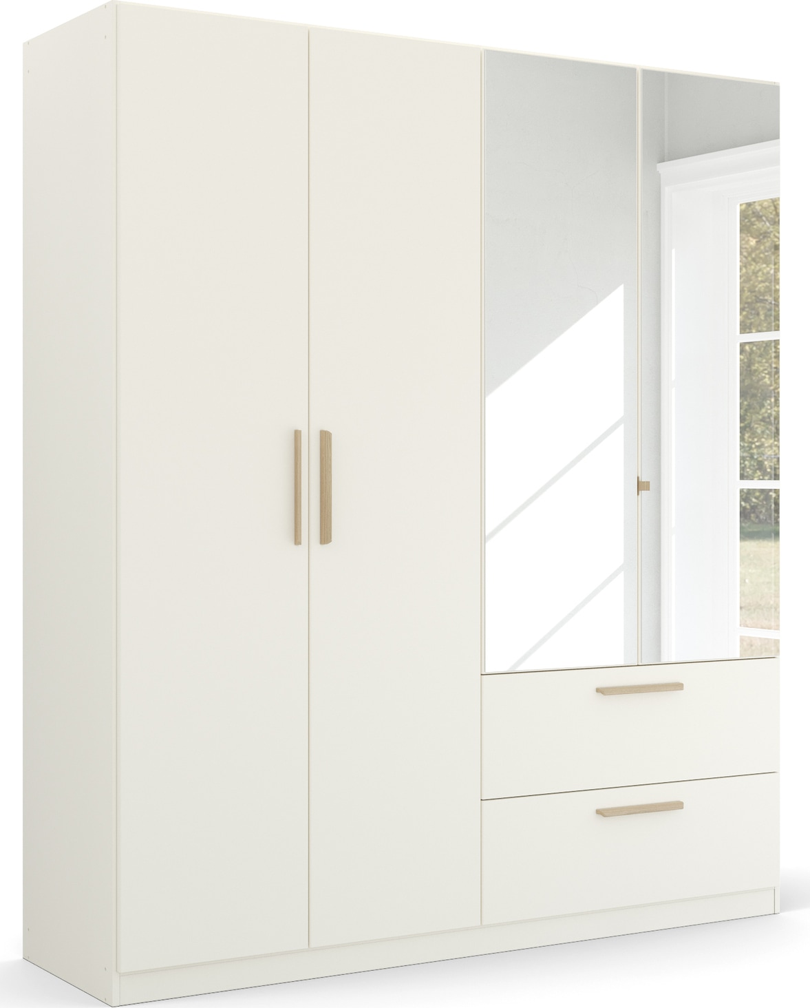 rauch Kleiderschrank »Skandi by Quadra Spin Schlafzimmerschrank«, im Landhaus-Stil mit Massivholzgriffen, mit Schubladen und Spiegel