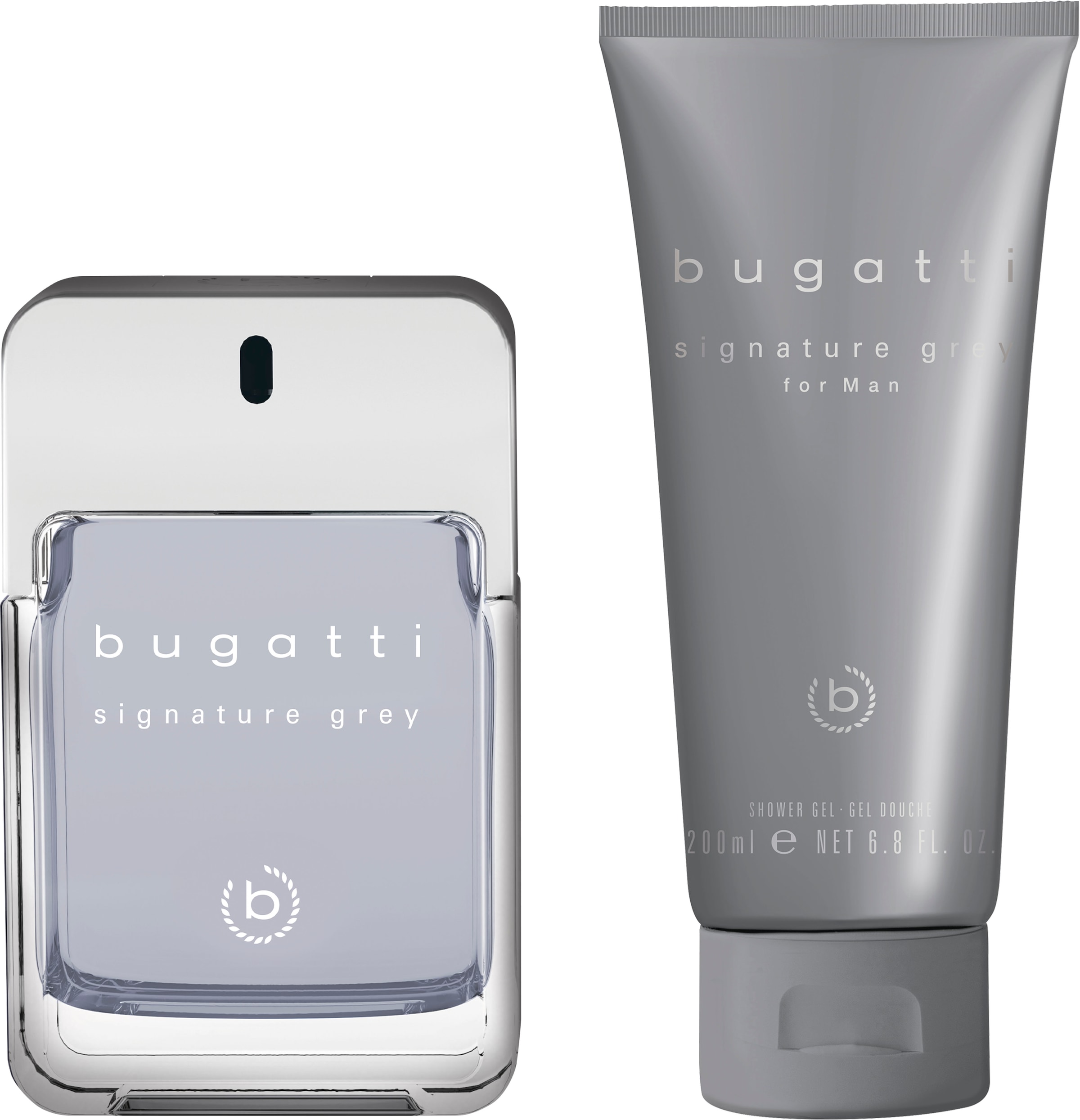 bugatti Eau de Toilette »BUGATTI Signature Grey for him GP EdT 100ml + 200 ml SG«, (2 tlg.), Herrenduft-Set mit holziger Note, ideal für den Alltag.