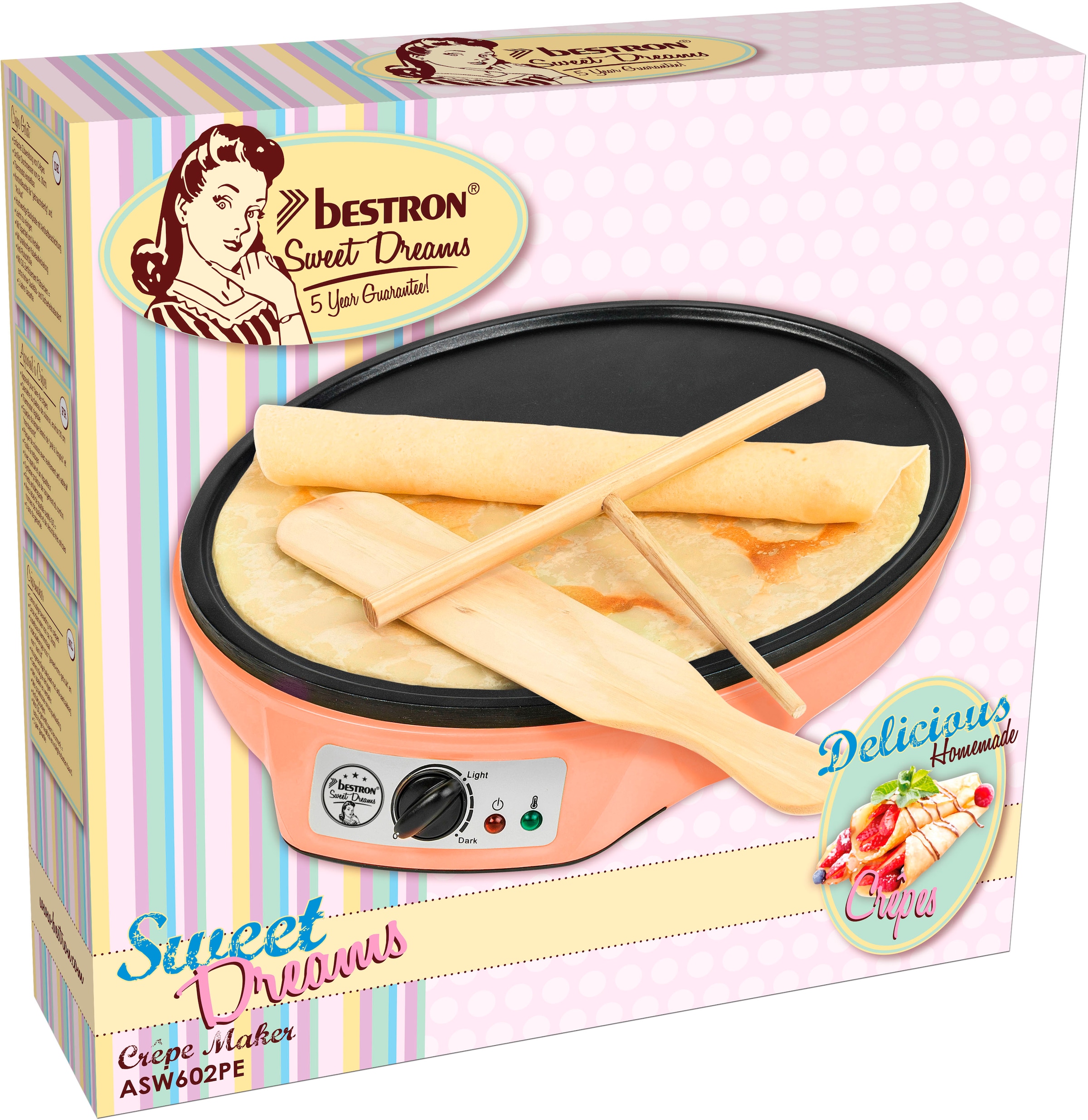 bestron Crêpesmaker »ASW602 im Retro Design, für Crepes mit Ø 30 cm«, 1000 W, Ø 30 cm, inkl. Teigverteiler & Crêpes-Wender, Antihaftbeschichtung