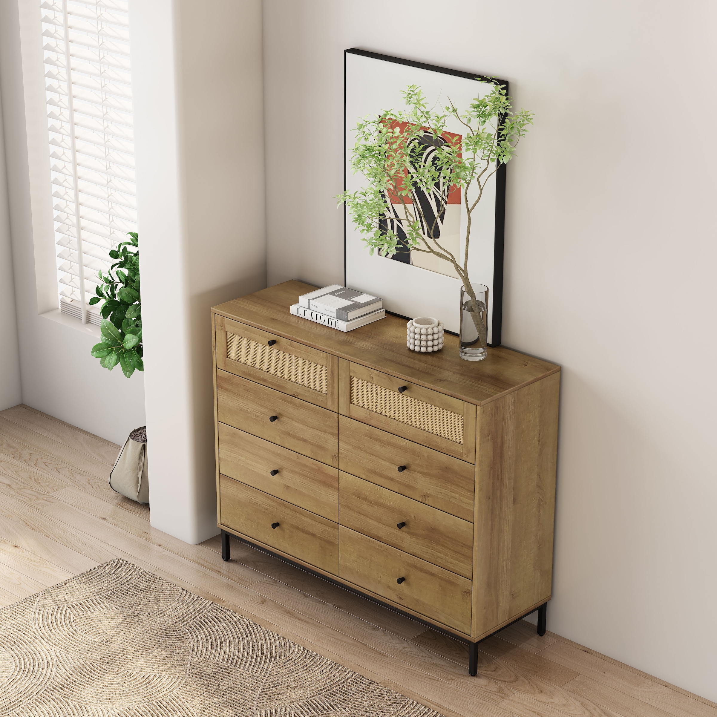 OTTO home Kombikommode »Motala Wäsche Schrank mit 8 Schubladen Sideboard BOHO Design« Eichen-Design mit schwarzen Griffen und Geflecht Schubladen,  Kommode Schrank Wäscheschrank mit 8 Schubladen