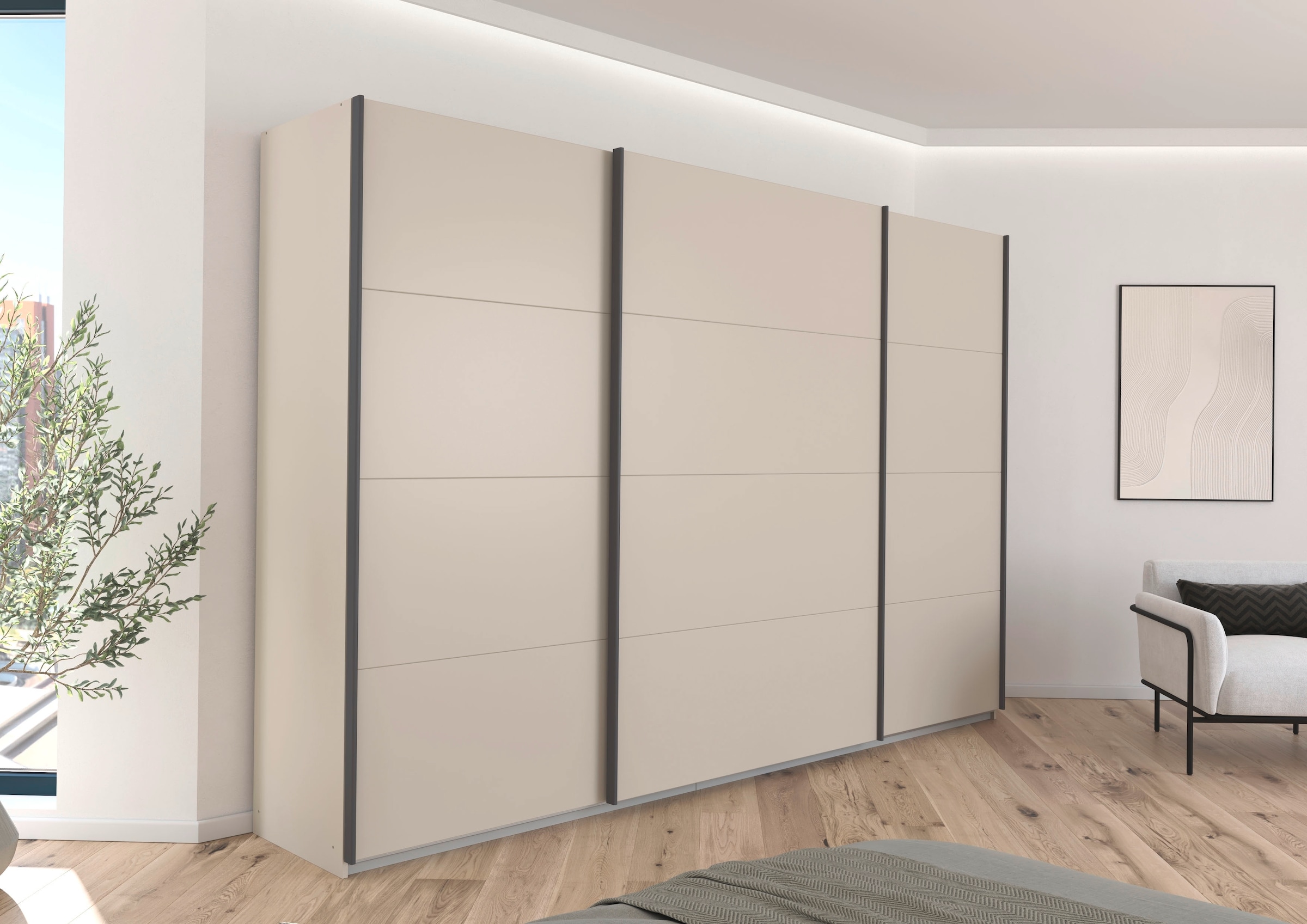rauch Schwebetürenschrank »Kleiderschrank Schrank Garderobe AGORDO mit Dekor- oder Hochglanzfront«, (in zwei Griff-Farben), durchdachte Innenausstattung, in 4 Breiten und 2 Höhen MADE IN GERMANY