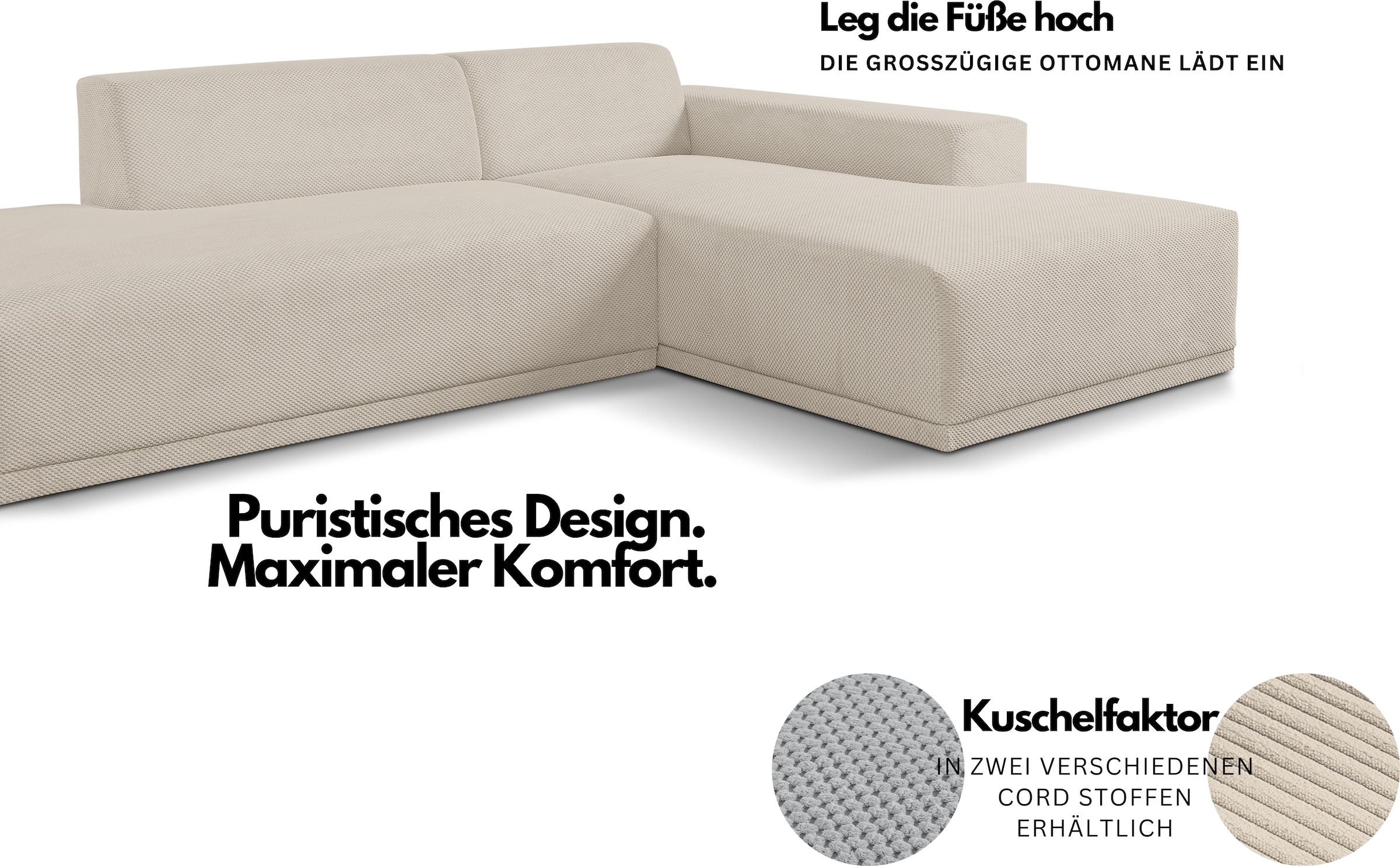WERK2 Ecksofa »Apollo, hoher Sitzkomfort, aktuelles Design, Breite 264cm, L-Form« Puristisches Design mit maximalem Komfort