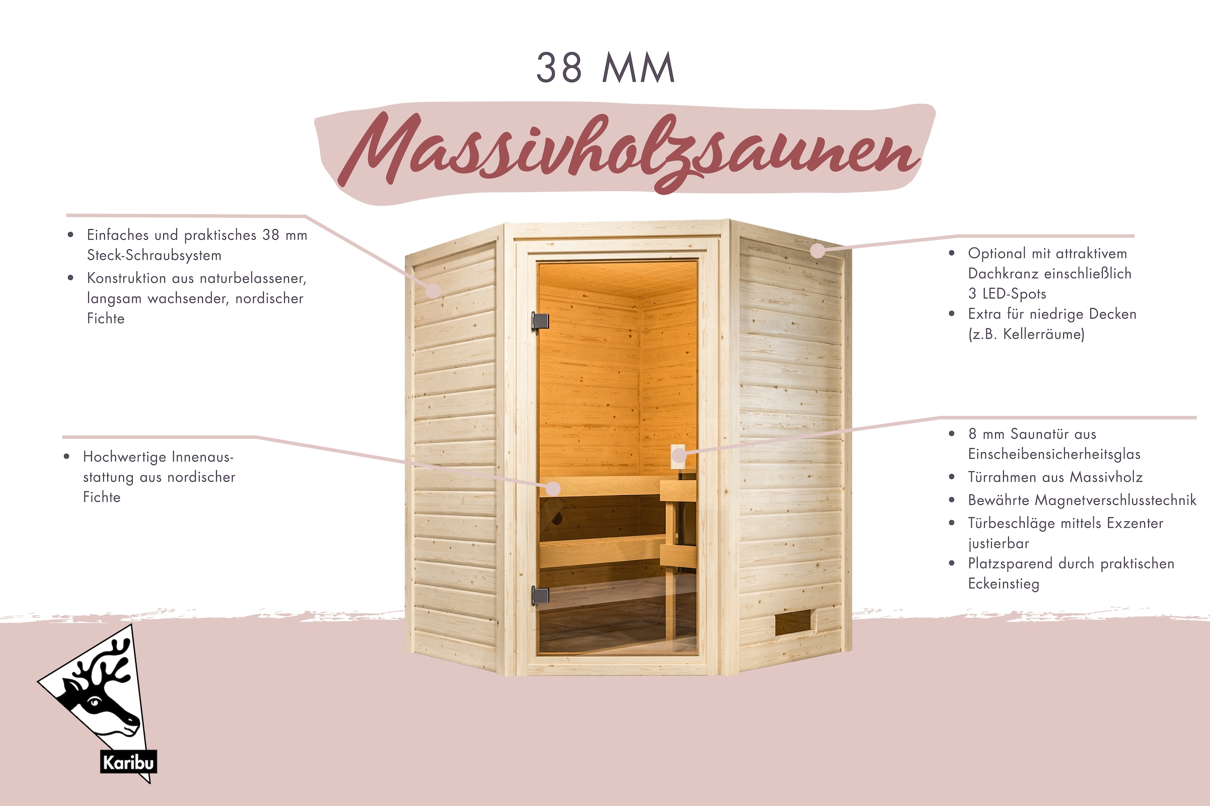 Karibu Sauna »"Anni" mit bronzierter Tür SET, naturbelassen, mit Ofen 9 kW« aus hochwertiger nordischer Fichte