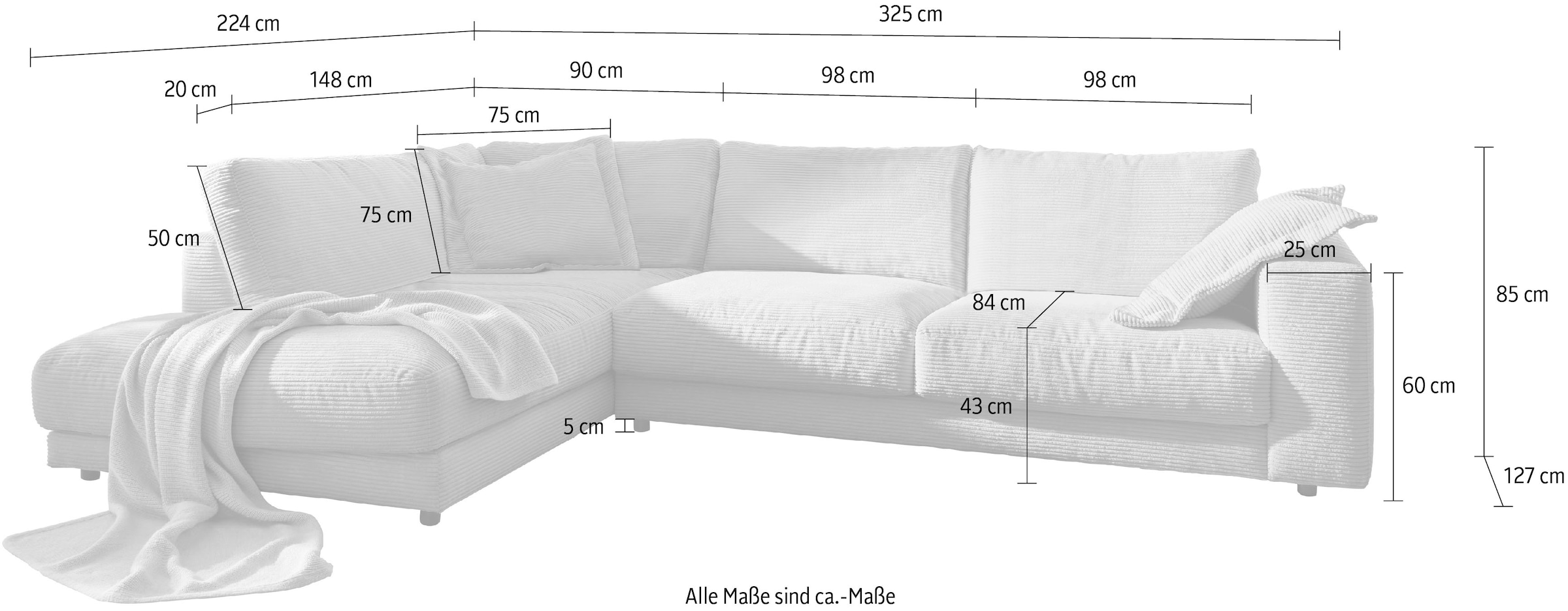 PLACES OF STYLE Ecksofa »Enisa XXL  B/T/H: 325/224/85 cm L-Form« Kuschelig, gemütlich, in 5 Farben, Bezug in Cord, mit 2 Zierkissen