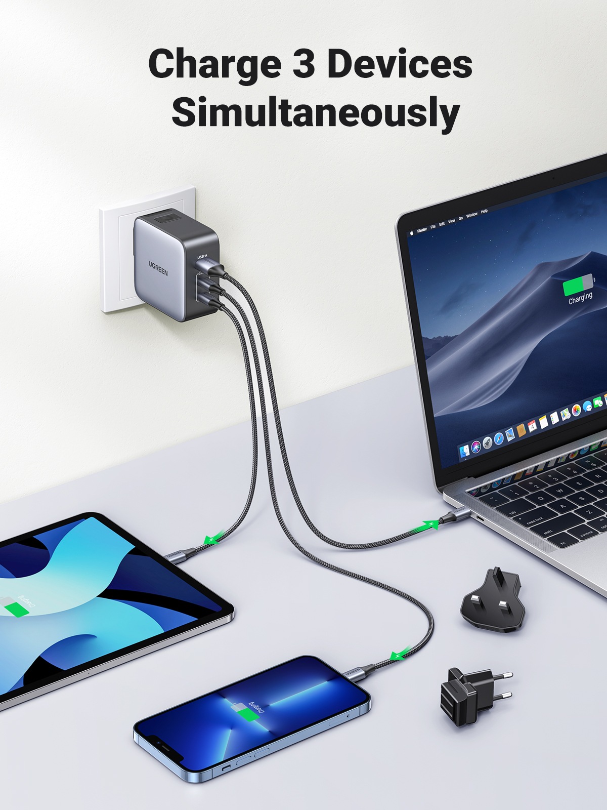 UGREEN Schnelllade-Gerät »USB-A+2*USB-C 65W GaN Worldwide Travel Fast Charger CD296«